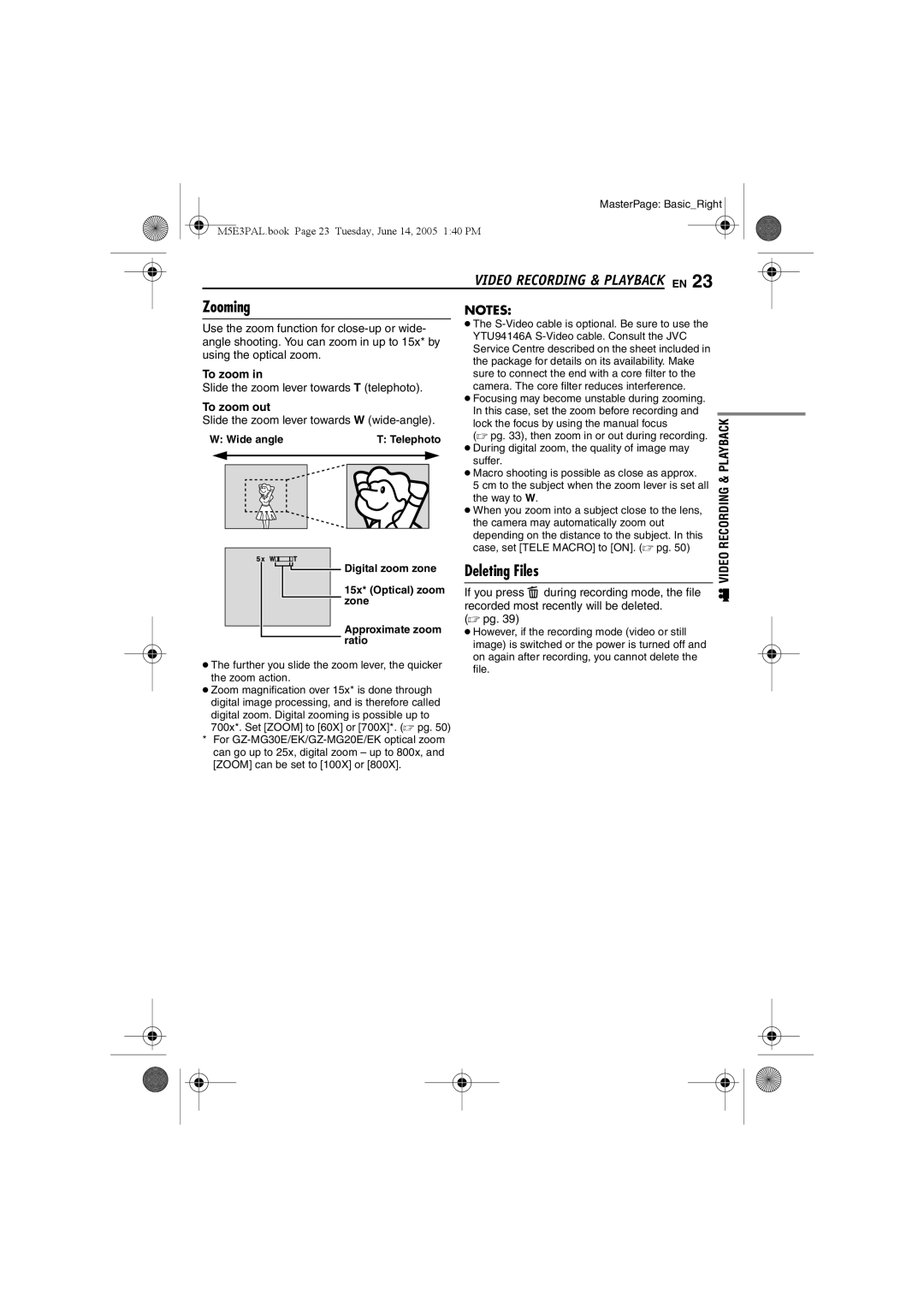 JVC GZ-MG40E/EK manual Zooming, Deleting Files, To zoom out 