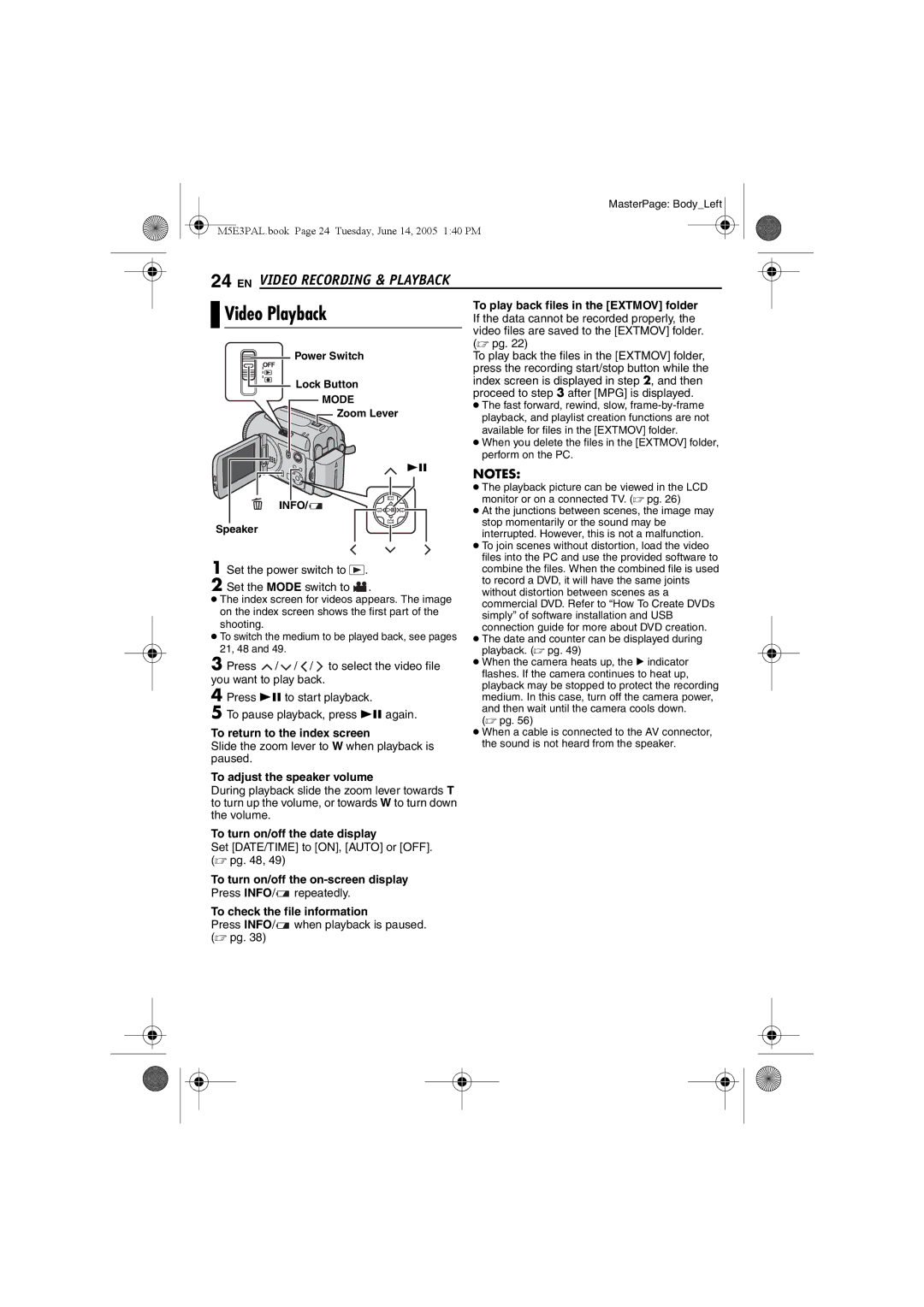 JVC GZ-MG40E/EK manual Video Playback, To play back files in the Extmov folder, To return to the index screen 