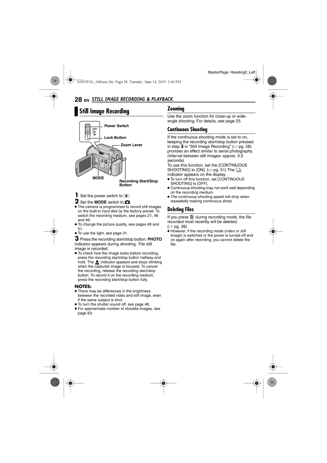 JVC GZ-MG40E/EK manual Still Image Recording, Continuous Shooting, Power Switch Lock Button Zoom Lever 