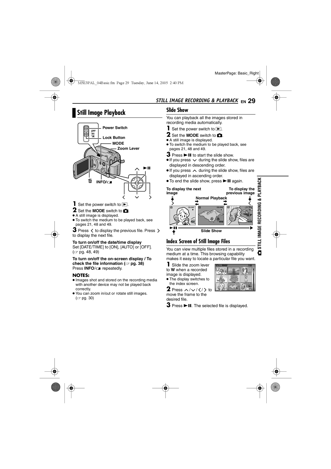 JVC GZ-MG40E/EK manual Still Image Playback, Slide Show, Index Screen of Still Image Files 