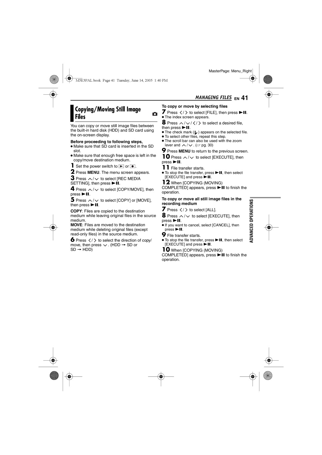 JVC GZ-MG40E/EK manual Files, To copy or move by selecting files, Before proceeding to following steps 