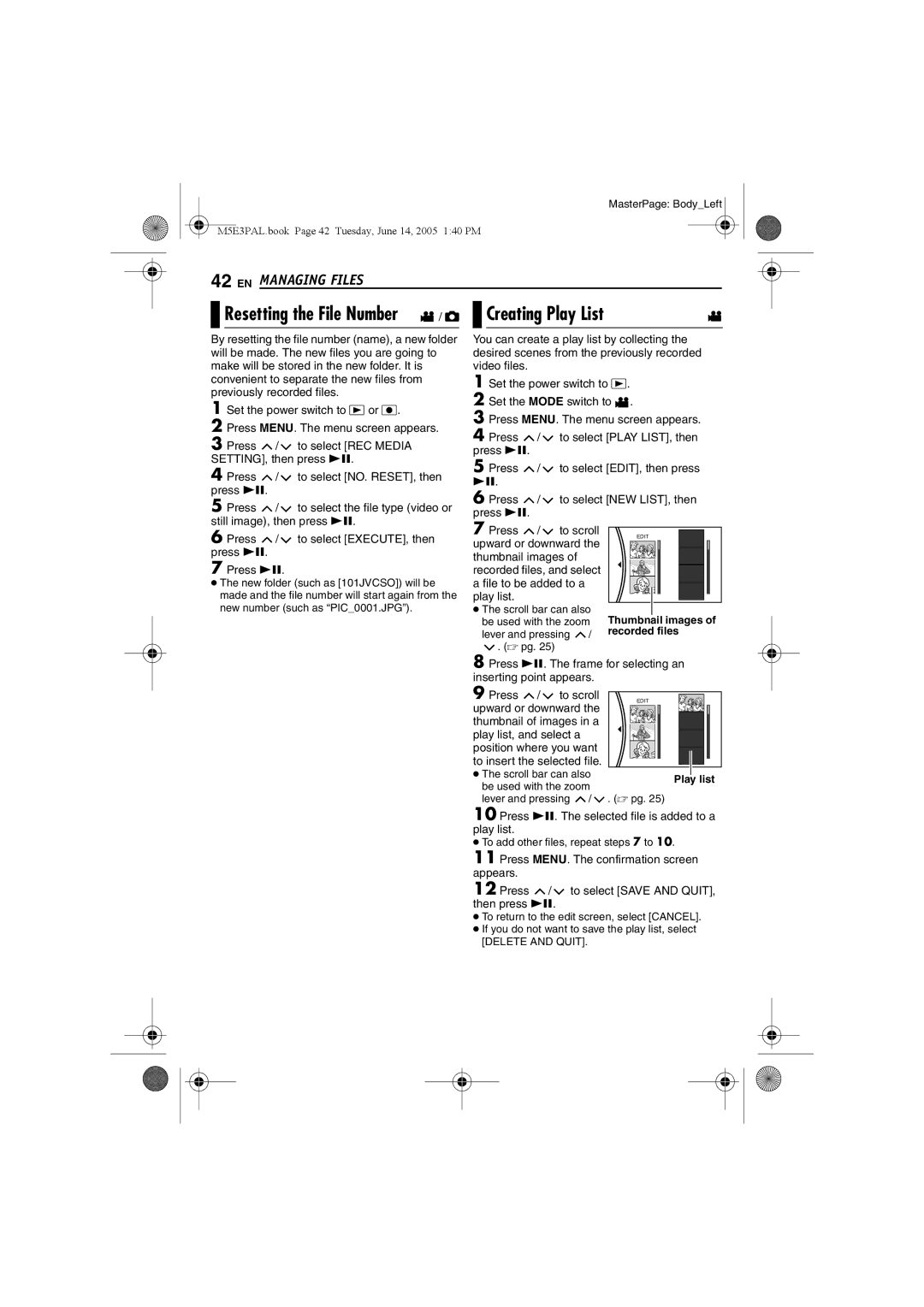 JVC GZ-MG40E/EK manual Resetting the File Number 