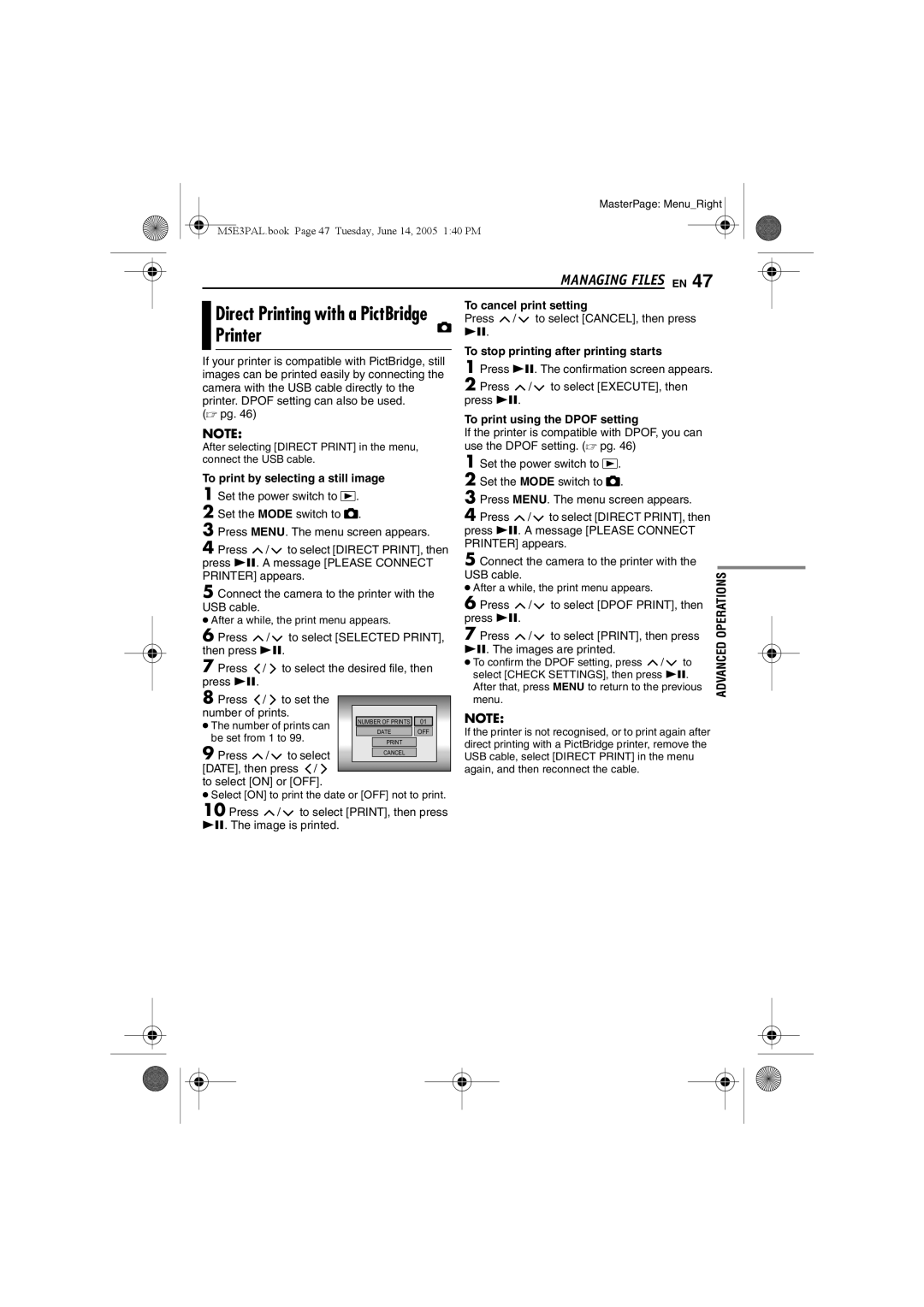 JVC GZ-MG40E/EK Printer, To cancel print setting, To stop printing after printing starts, To print using the Dpof setting 