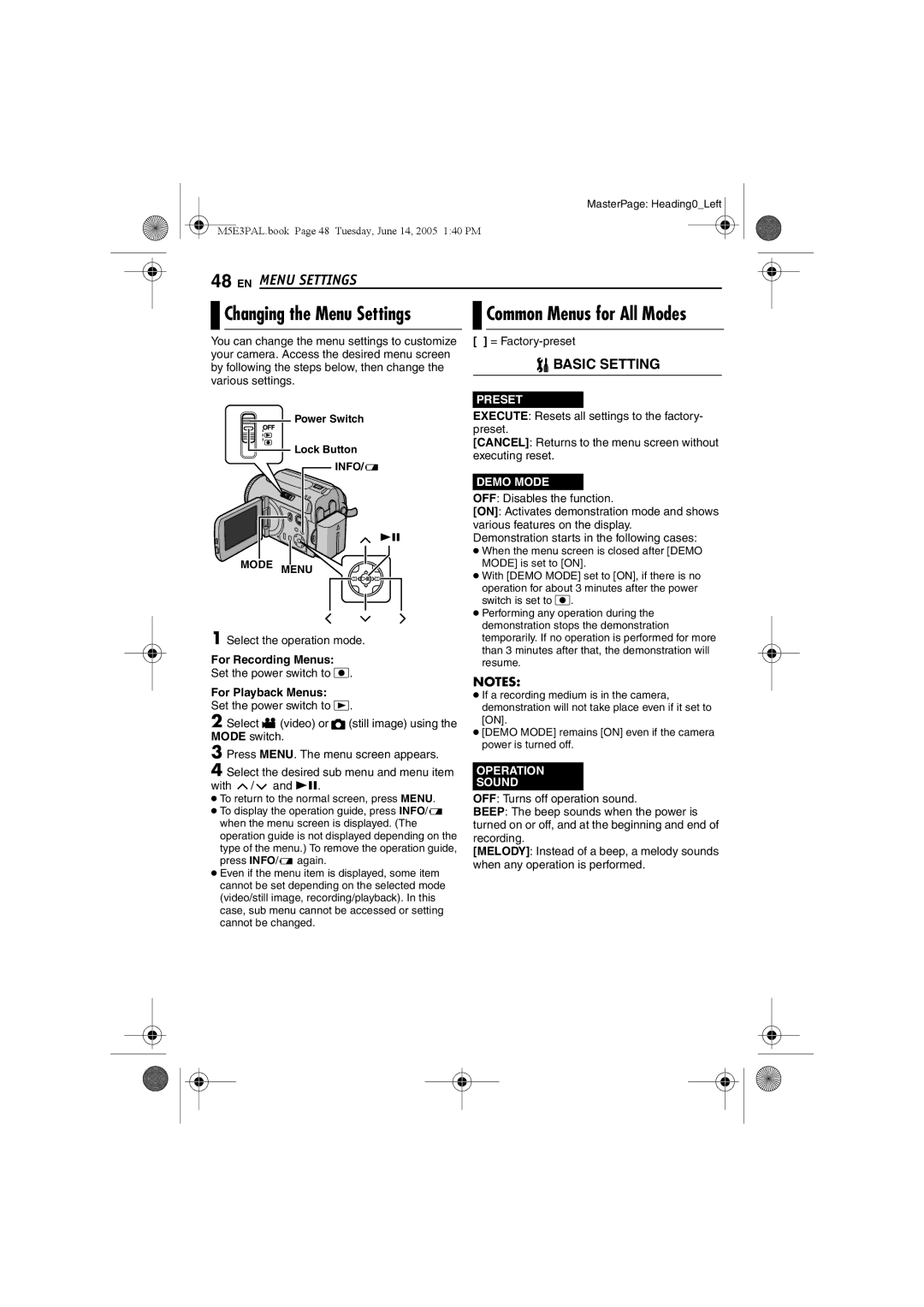 JVC GZ-MG40E/EK manual Common Menus for All Modes, Select the operation mode, For Recording Menus, For Playback Menus 