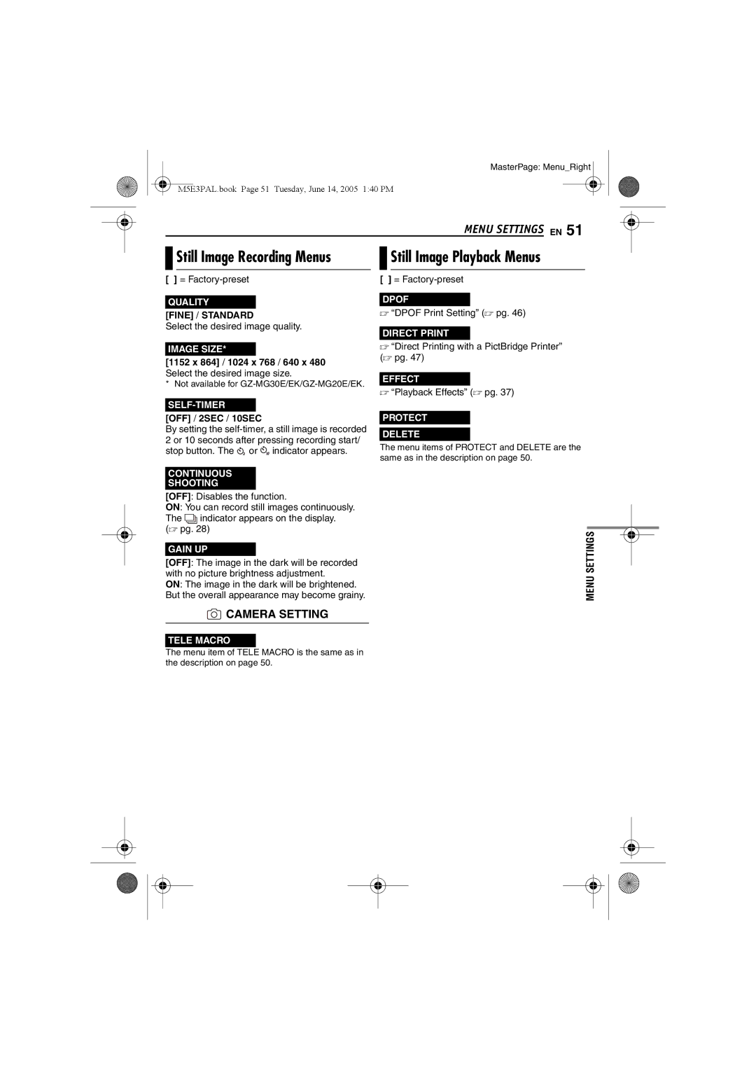 JVC GZ-MG40E/EK manual Still Image Playback Menus, Select the desired image quality, OFF / 2SEC / 10SEC 