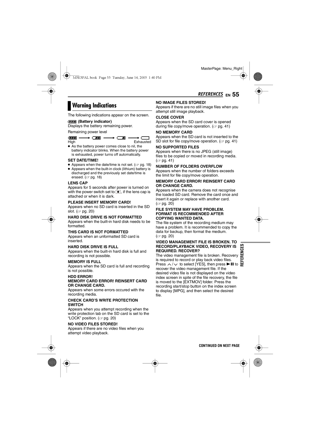 JVC GZ-MG40E/EK manual Following indications appear on the screen, Battery indicator 