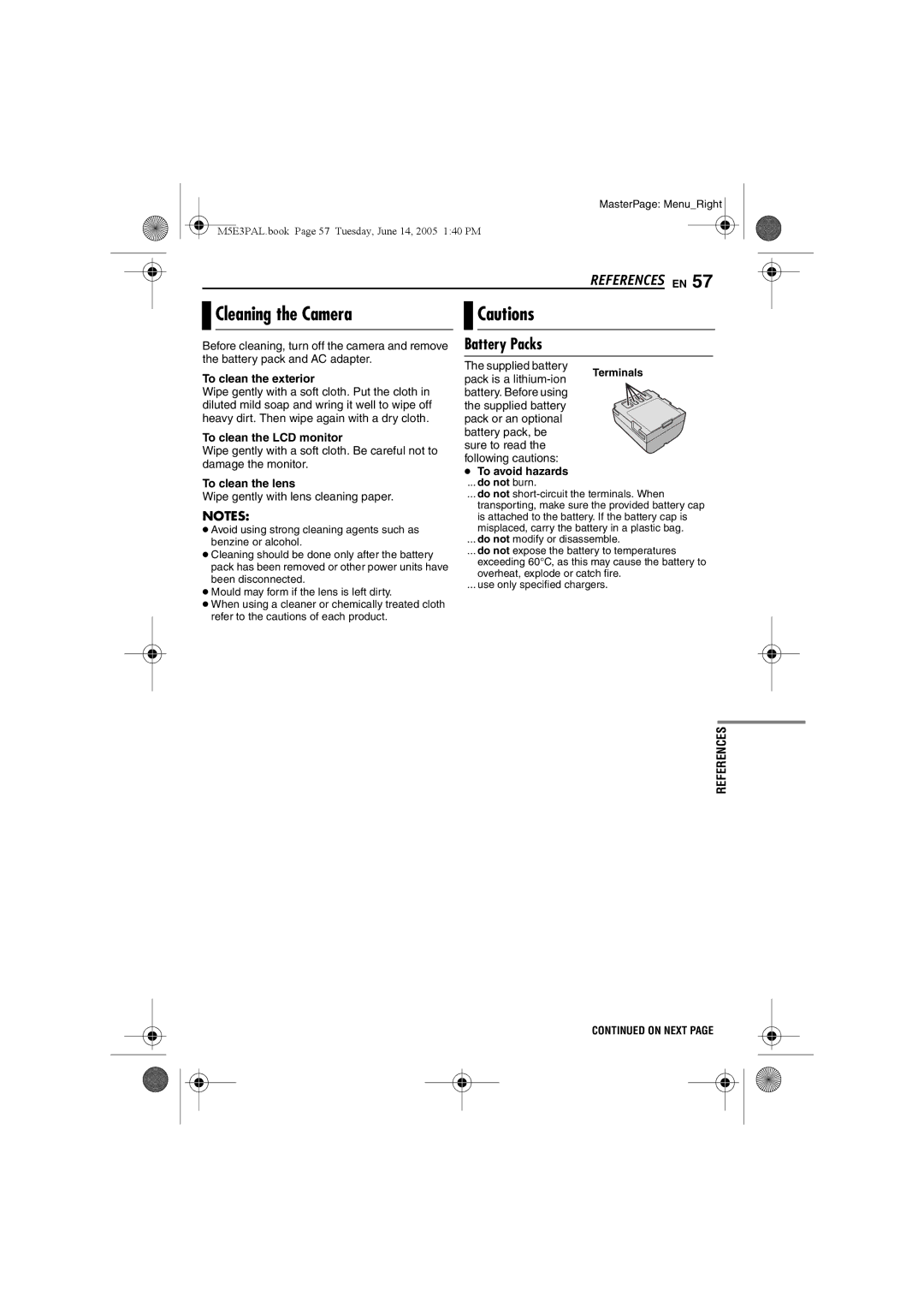 JVC GZ-MG40E/EK manual Cleaning the Camera, Battery Packs 