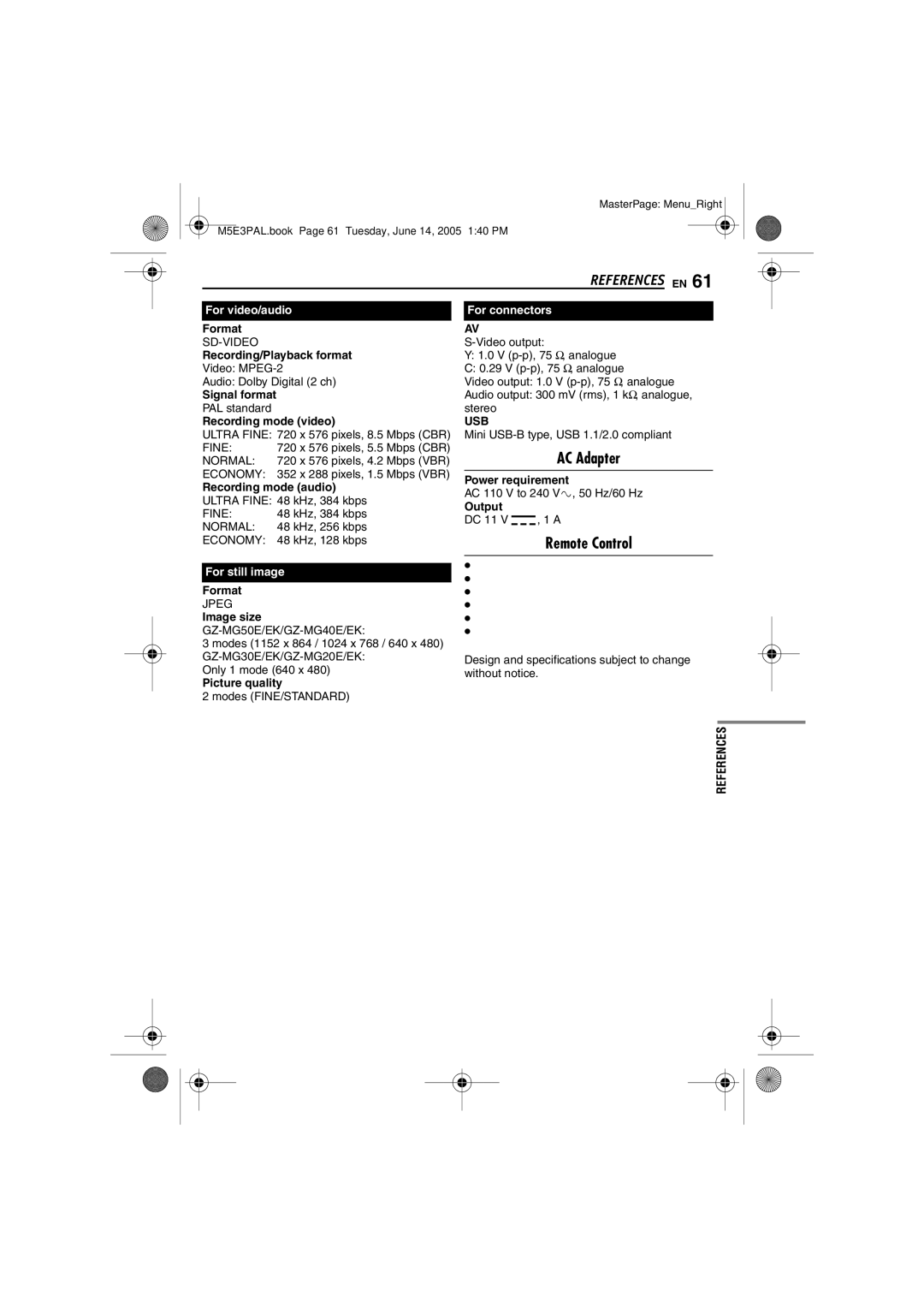 JVC GZ-MG40E/EK manual AC Adapter, Remote Control 