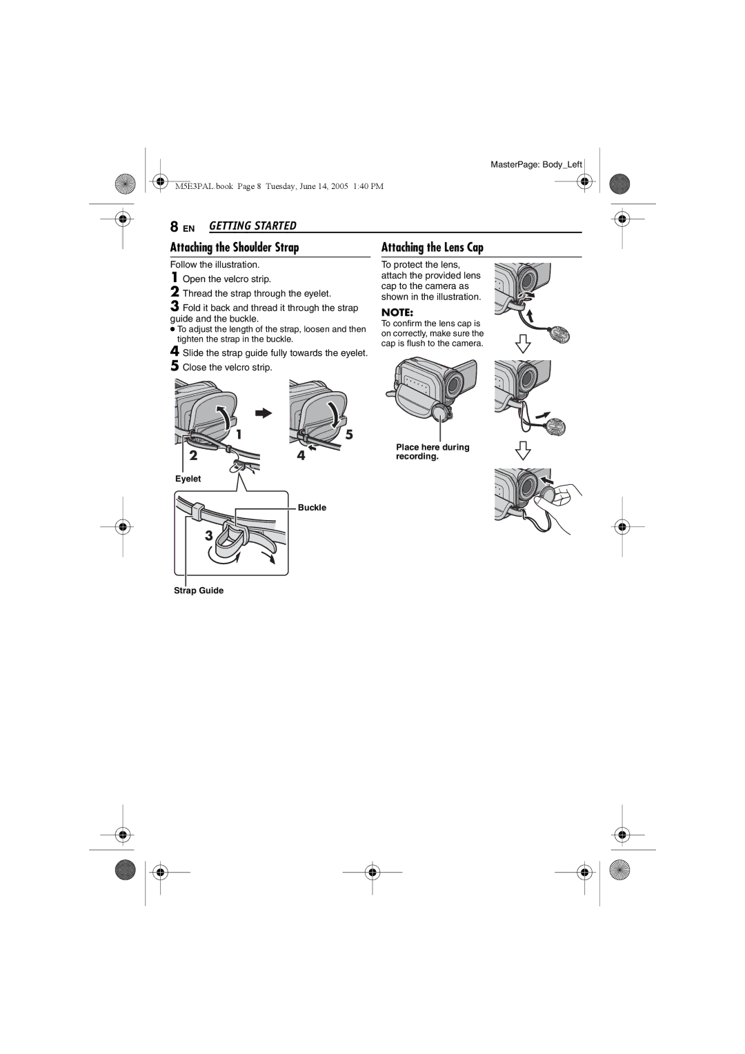 JVC GZ-MG40E/EK manual Attaching the Shoulder Strap, Attaching the Lens Cap 