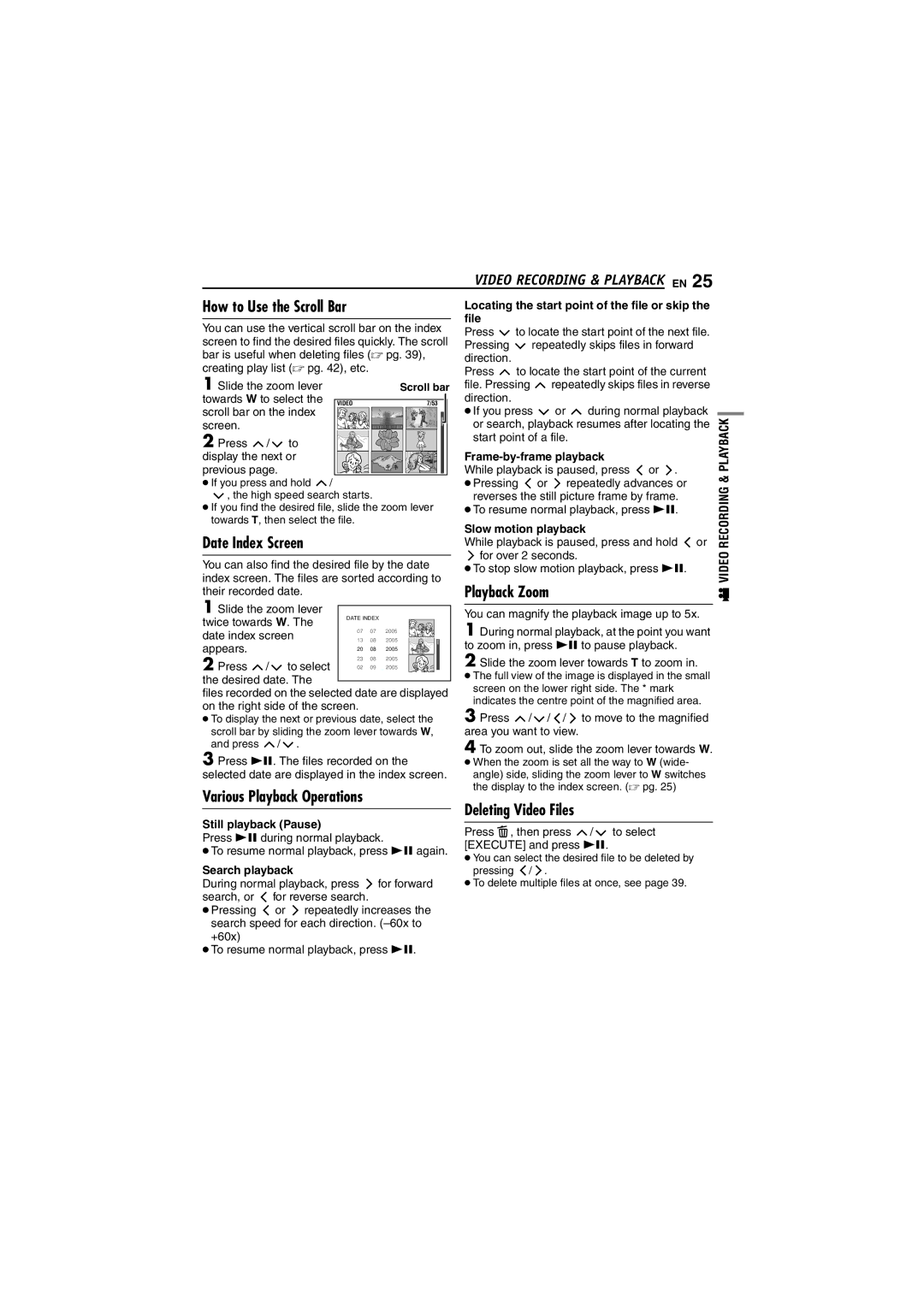 JVC GZ-MG20EK, GZ-MG40EK, GZ-MG30E How to Use the Scroll Bar, Date Index Screen, Playback Zoom, Various Playback Operations 