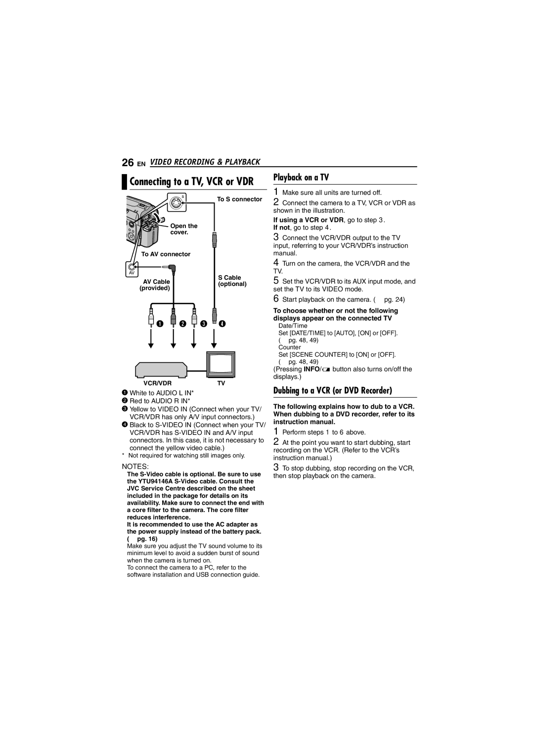 JVC GZ-MG30E, GZ-MG40EK, GZ-MG20EK manual Connecting to a TV, VCR or VDR Playback on a TV, Dubbing to a VCR or DVD Recorder 