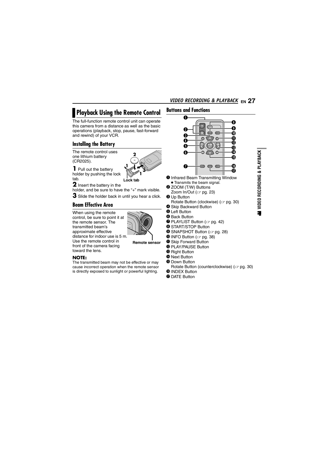 JVC GZ-MG30EK manual Playback Using the Remote Control Buttons and Functions, Beam Effective Area, Installing the Battery 