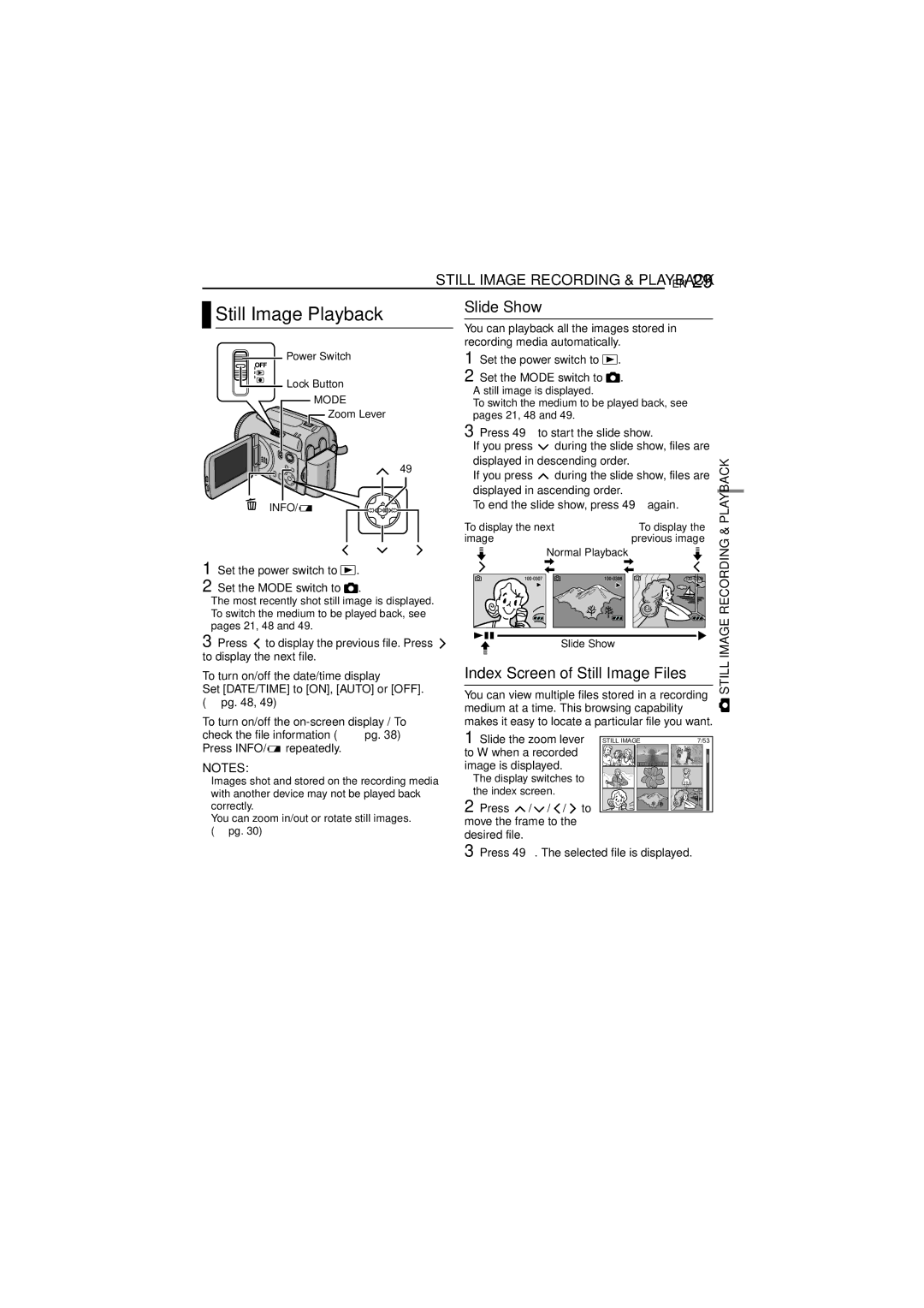 JVC GZ-MG40EK, GZ-MG20EK, GZ-MG30EK, GZ-MG50EK Still Image Playback, Slide Show, Index Screen of Still Image Files 