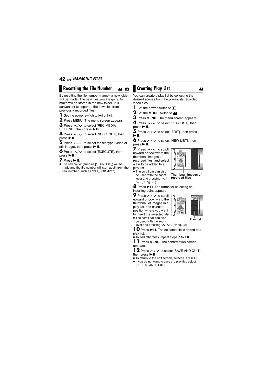 JVC GZ-MG40EK, GZ-MG20EK, GZ-MG30EK, GZ-MG50EK manual Resetting the File Number, Creating Play List 