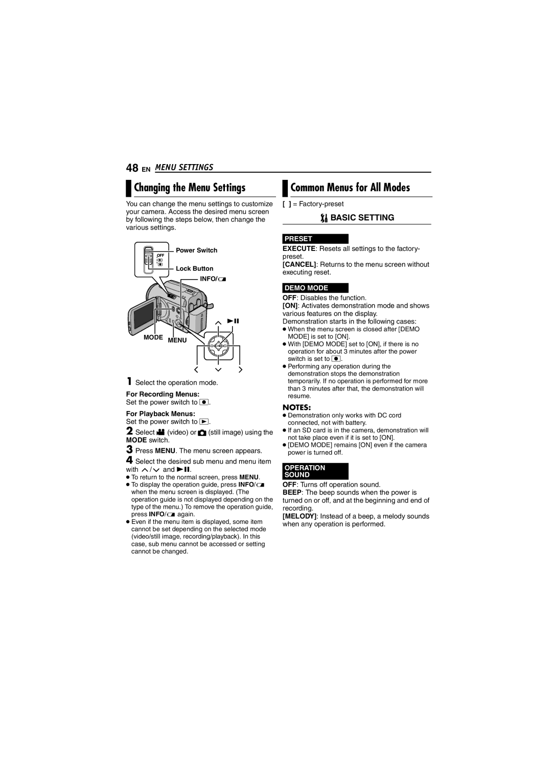 JVC GZ-MG40EK manual Changing the Menu Settings, Common Menus for All Modes, Select the operation mode, For Recording Menus 