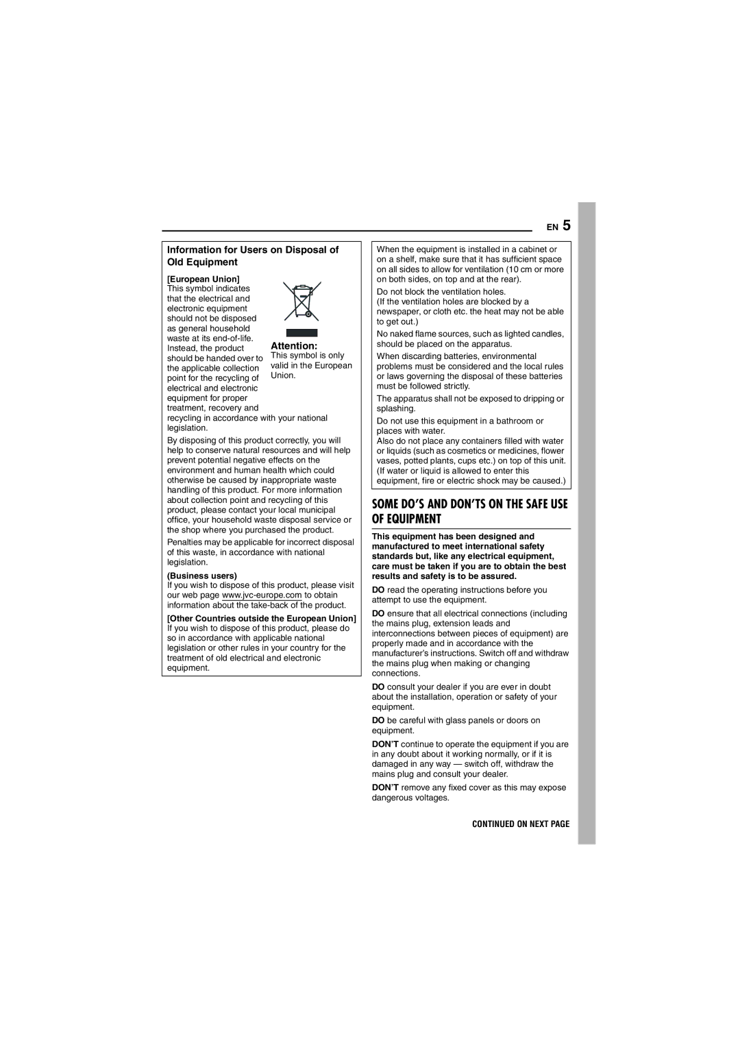 JVC GZ-MG40EK, GZ-MG20EK, GZ-MG30EK, GZ-MG50EK manual Some DO’S and DON’TS on the Safe USE of Equipment 