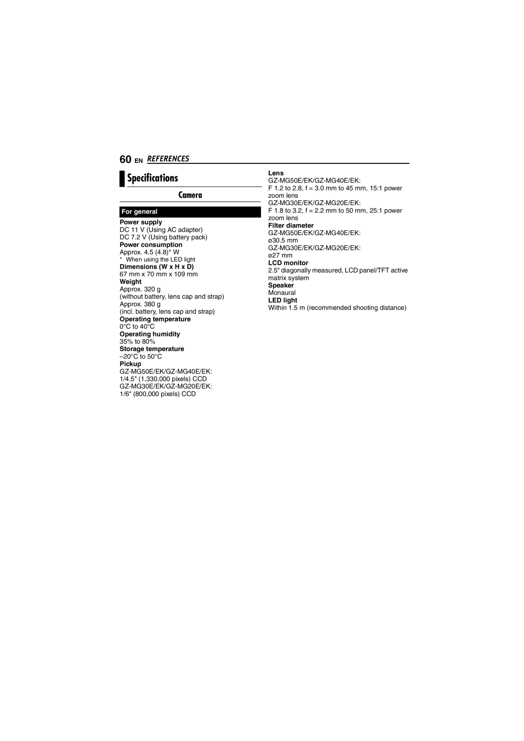 JVC GZ-MG40EK, GZ-MG20EK, GZ-MG30EK, GZ-MG50EK manual Specifications, Camera 