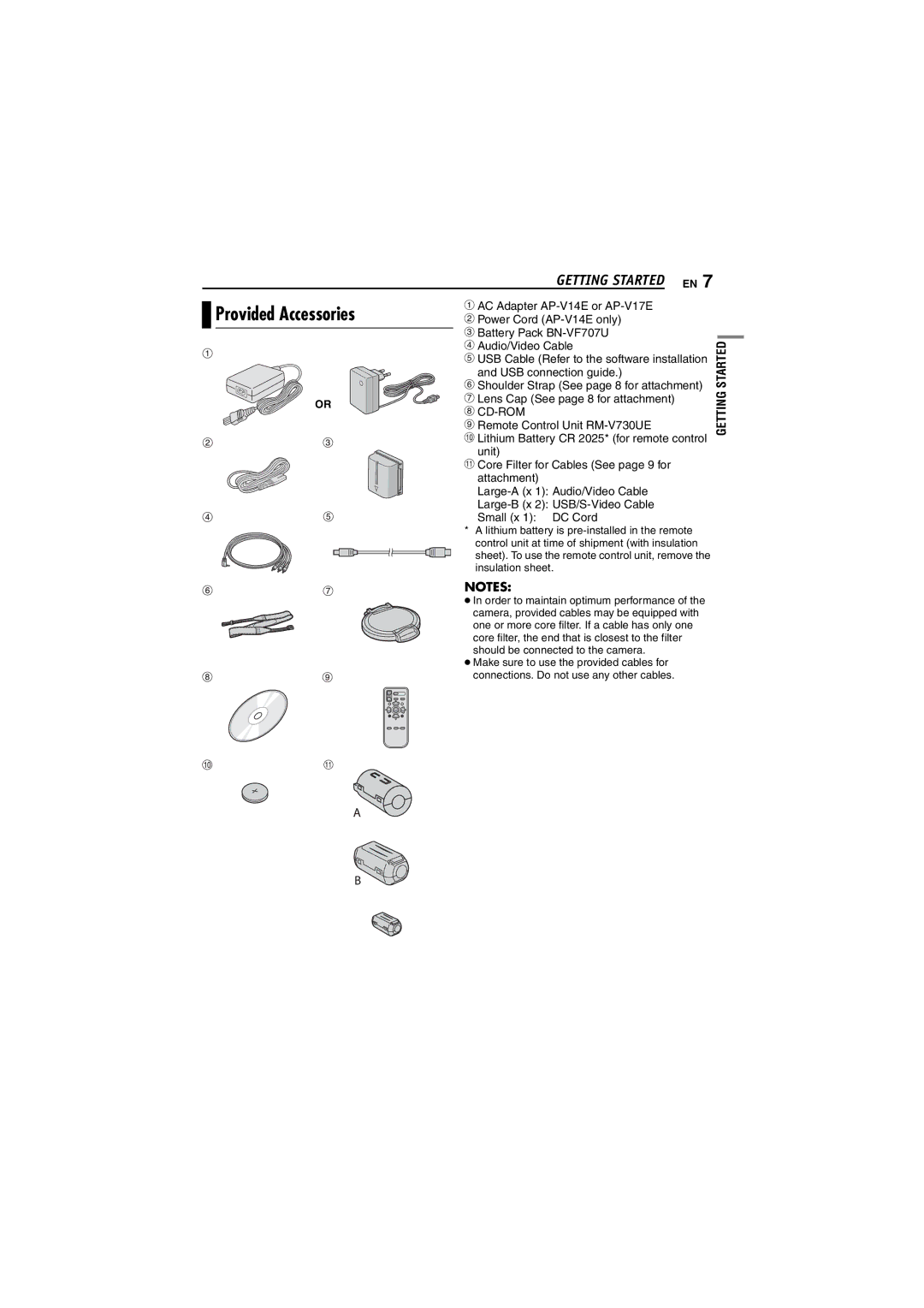 JVC GZ-MG40EK, GZ-MG20EK, GZ-MG30EK, GZ-MG50EK manual Provided Accessories, Lens Cap See page 8 for attachment 