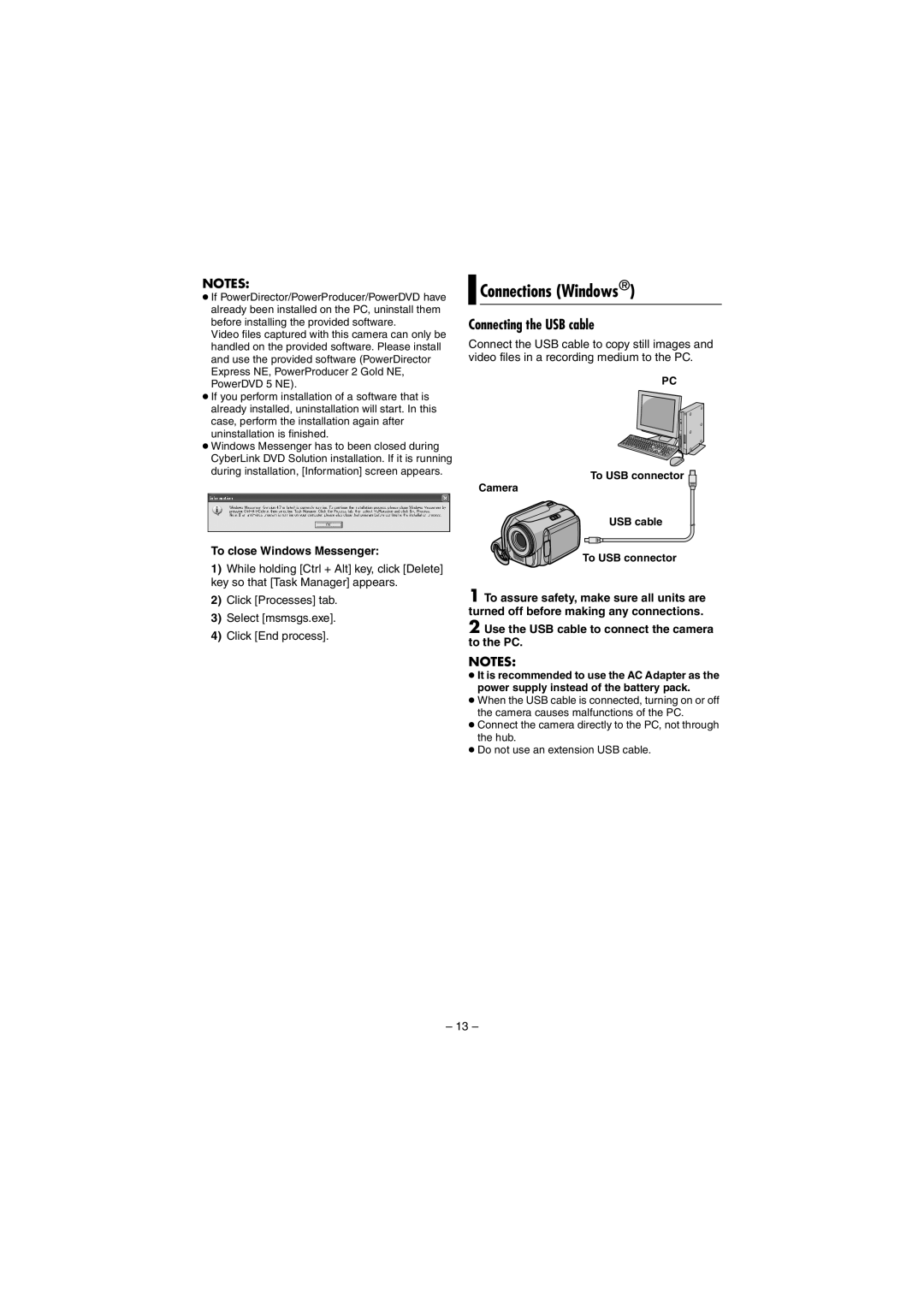 JVC GZ-MG40EK, GZ-MG20EK, GZ-MG30EK manual Connections Windows, Connecting the USB cable, To close Windows Messenger 