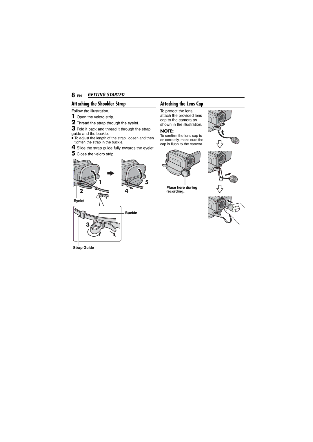 JVC GZ-MG40EK, GZ-MG20EK, GZ-MG30EK, GZ-MG50EK manual Attaching the Shoulder Strap, Attaching the Lens Cap 