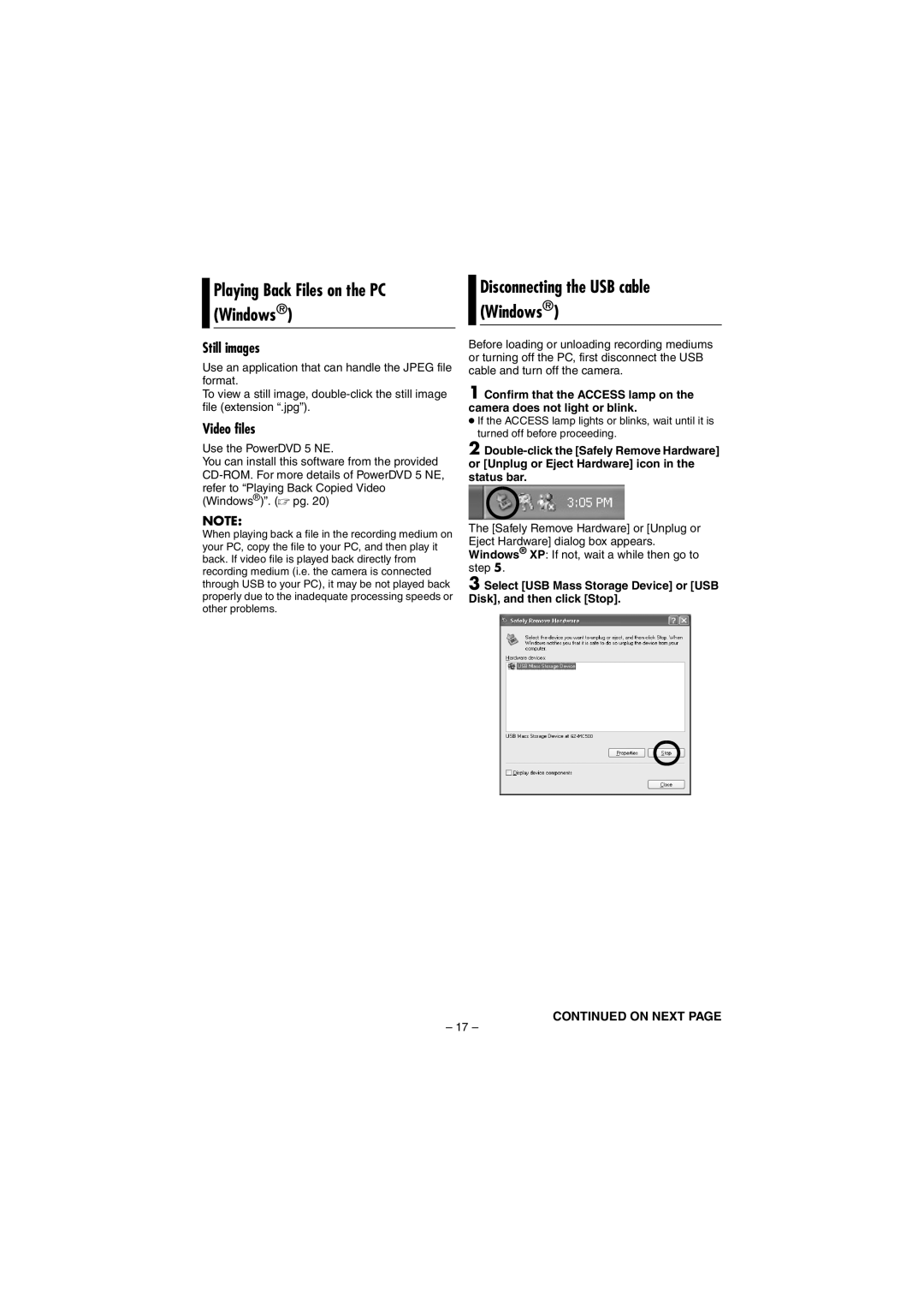 JVC GZ-MG20EK manual Playing Back Files on the PC Windows, Disconnecting the USB cable Windows, Still images, Video files 