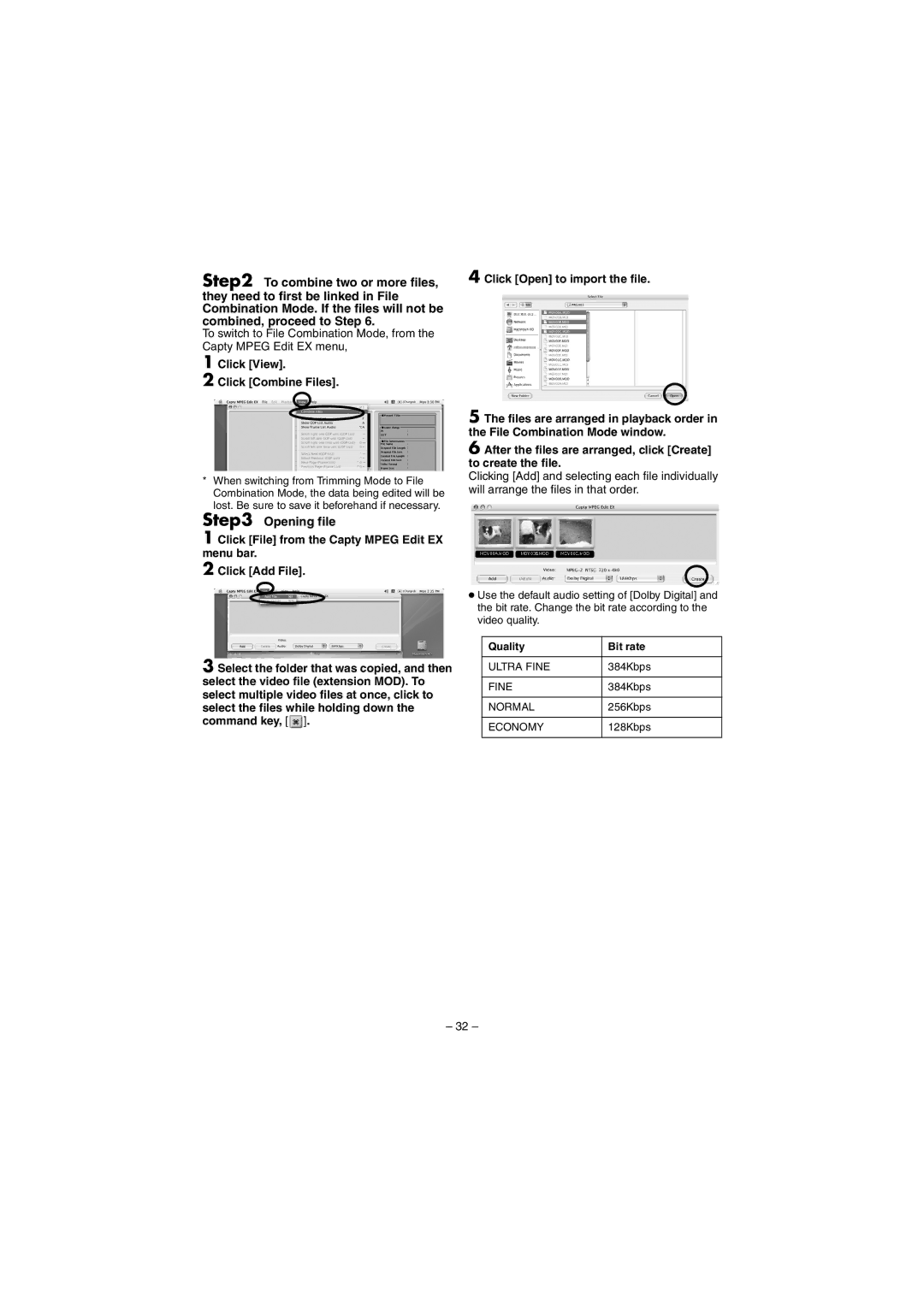 JVC GZ-MG40EK, GZ-MG20EK, GZ-MG30EK, GZ-MG50EK manual Click Open to import the file Click View Click Combine Files 