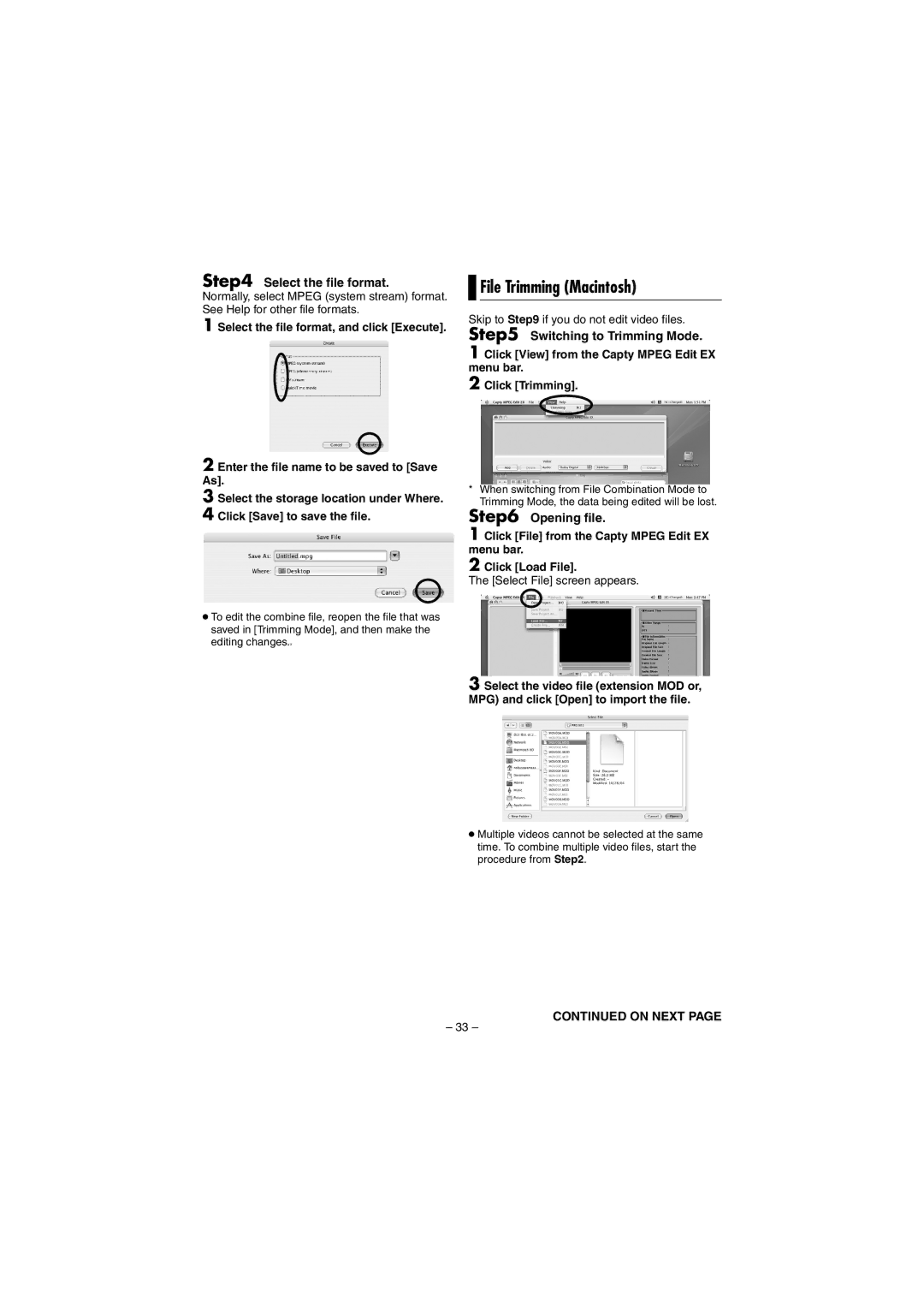 JVC GZ-MG20EK, GZ-MG40EK manual File Trimming Macintosh, Skip to if you do not edit video files, Select File screen appears 