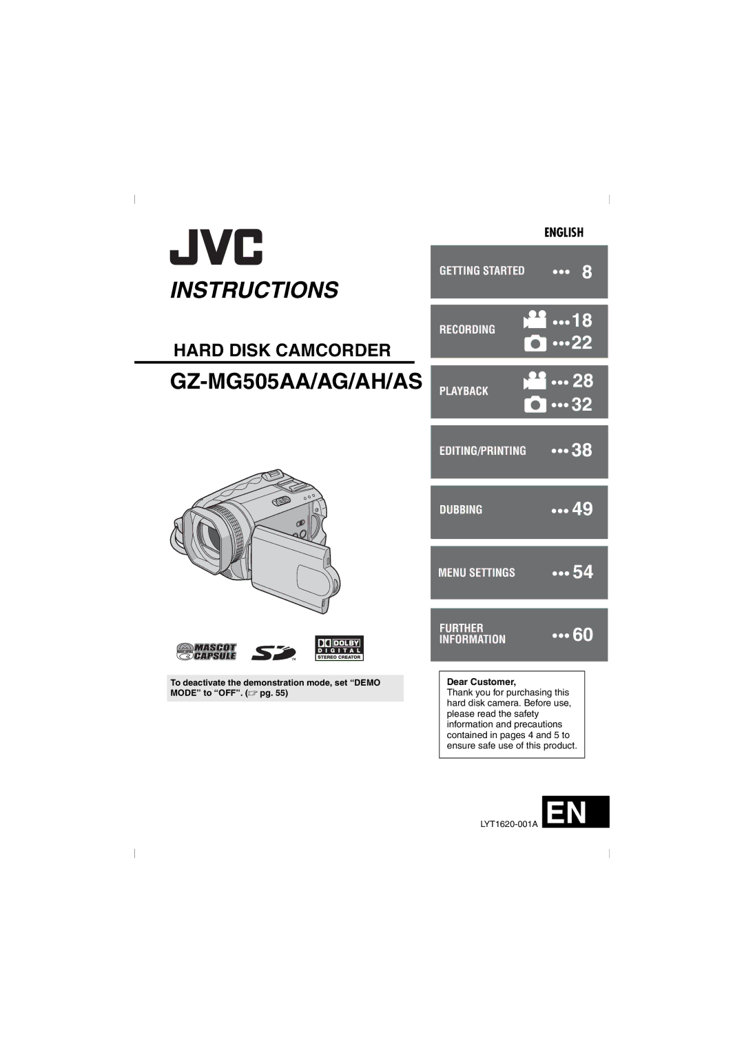 JVC GZ-MG505AG, GZ-MG505AH, GZ-MG505AA, GZ-MG505AS manual Instructions, Dear Customer 