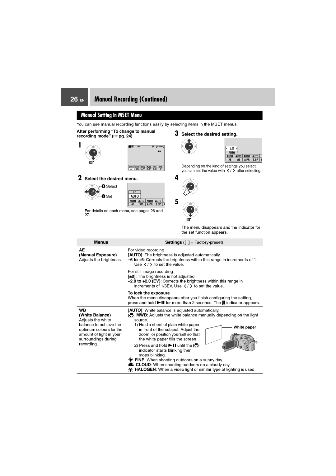 JVC GZ-MG505AA, GZ-MG505AH, GZ-MG505AG EN Manual Recording, Manual Setting in Mset Menu, Select the desired setting, Menus 