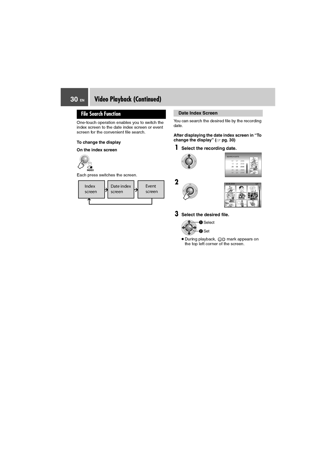 JVC GZ-MG505AA, GZ-MG505AH File Search Function, Select the recording date, Select the desired file, Date Index Screen 