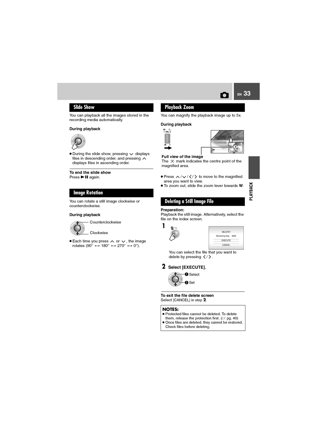 JVC GZ-MG505AG, GZ-MG505AH, GZ-MG505AA, GZ-MG505AS Slide Show, Image Rotation, Playback Zoom, Deleting a Still Image File 