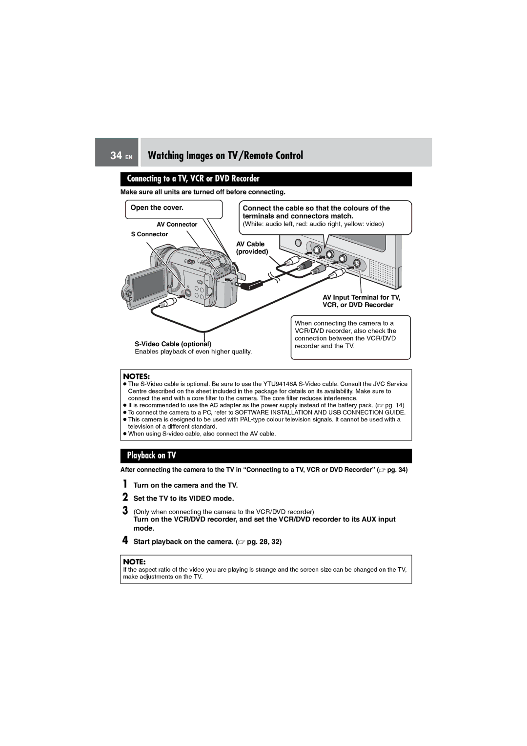 JVC GZ-MG505AA manual EN Watching Images on TV/Remote Control, Connecting to a TV, VCR or DVD Recorder, Playback on TV 