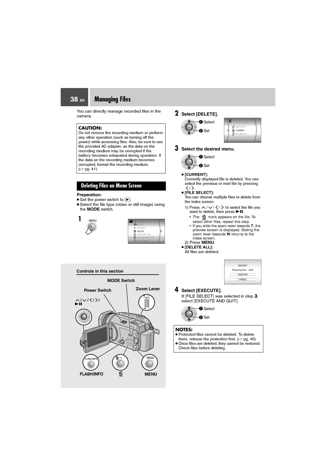 JVC GZ-MG505AA, GZ-MG505AH manual EN Managing Files, Deleting Files on Menu Screen, Select Delete, Select the desired menu 