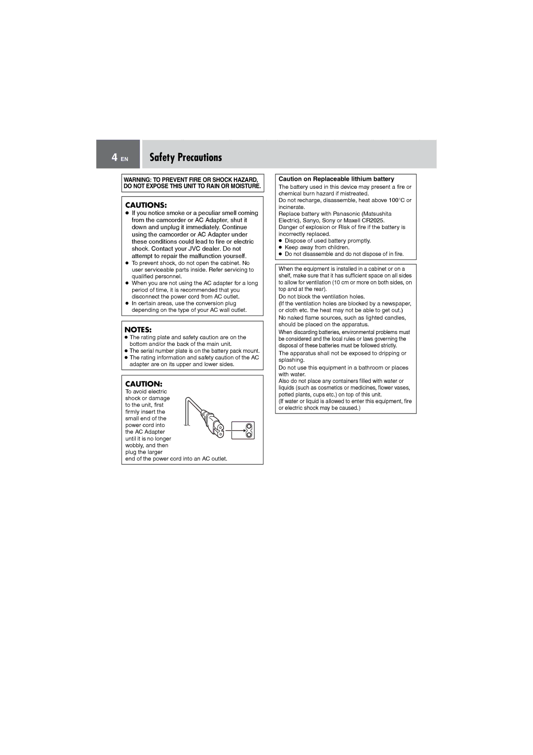 JVC GZ-MG505AH, GZ-MG505AG, GZ-MG505AA, GZ-MG505AS manual EN Safety Precautions 