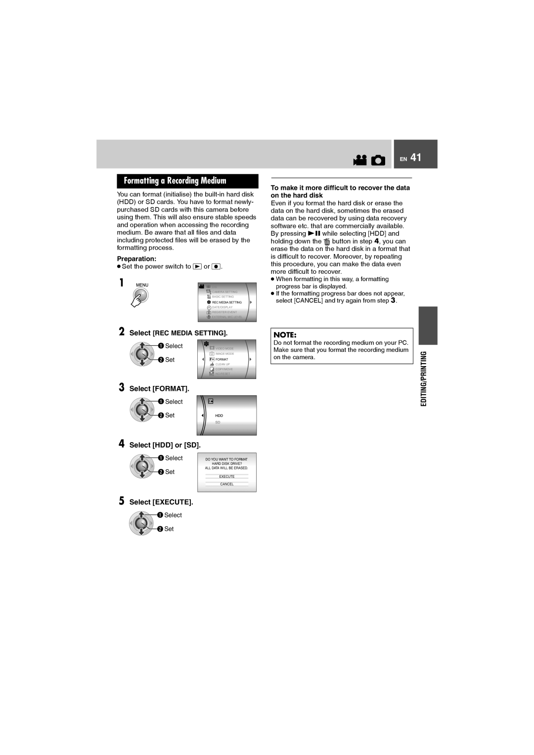 JVC GZ-MG505AG, GZ-MG505AH manual Formatting a Recording Medium, Select Format, Select HDD or SD, Select REC Media Setting 