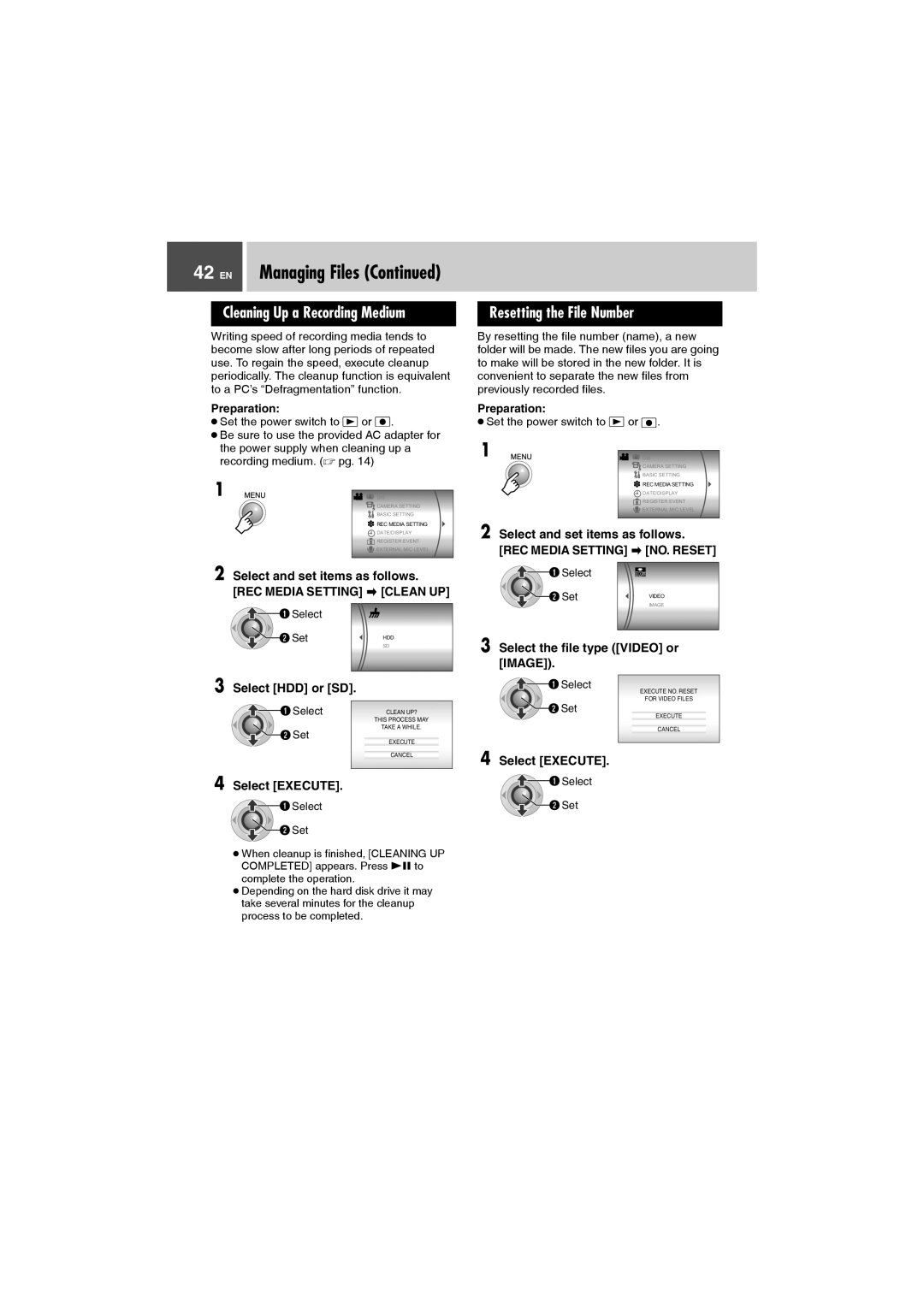 JVC GZ-MG505AA, GZ-MG505AH manual Cleaning Up a Recording Medium, Resetting the File Number, Select and set items as follows 