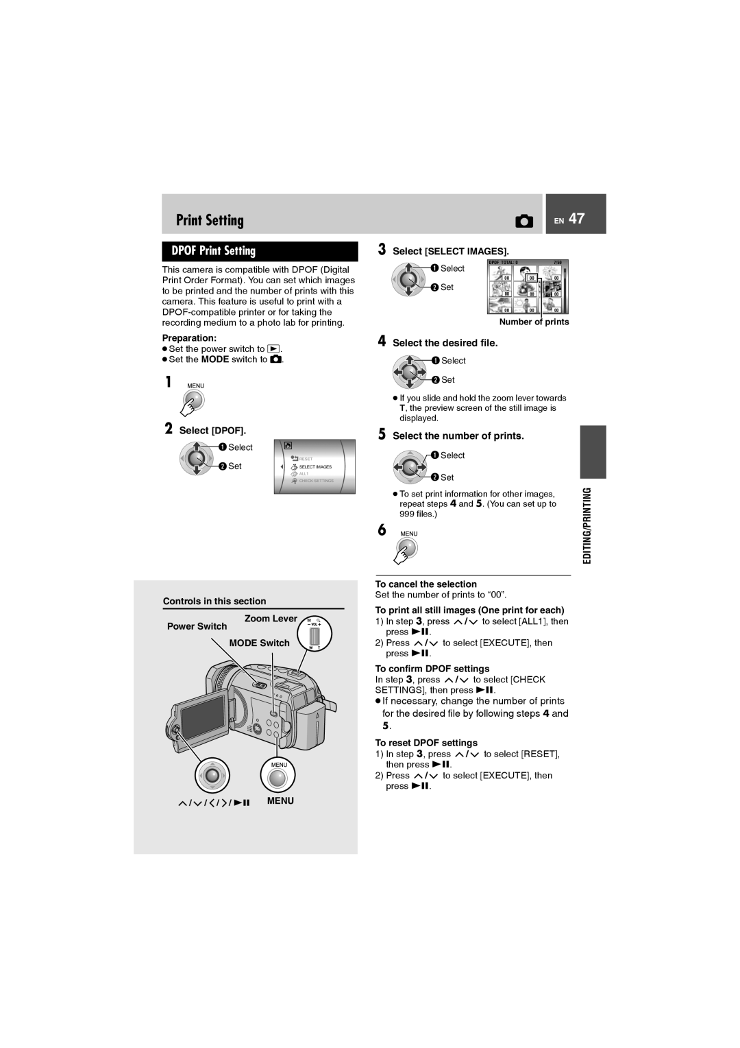 JVC GZ-MG505AS, GZ-MG505AH, GZ-MG505AG, GZ-MG505AA manual Dpof Print Setting, Select Dpof, Select the number of prints 