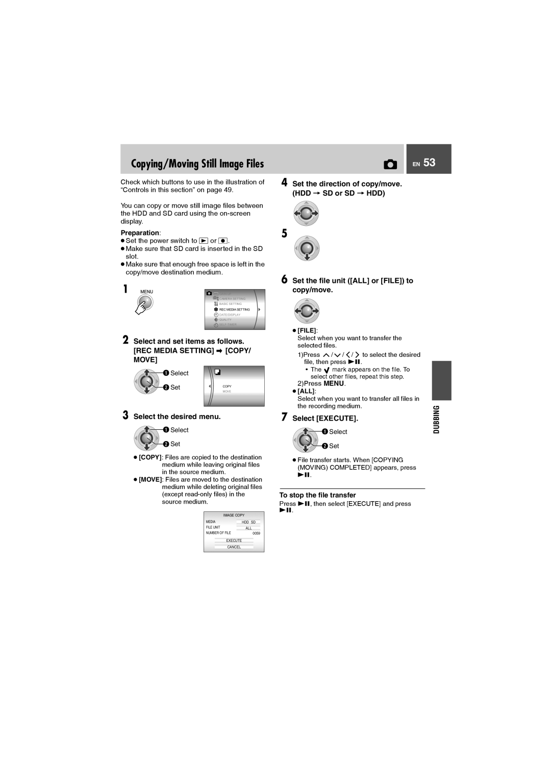 JVC GZ-MG505AG Set the file unit ALL or File to copy/move, Set the direction of copy/move. HDD SD or SD HDD, 2Press Menu 