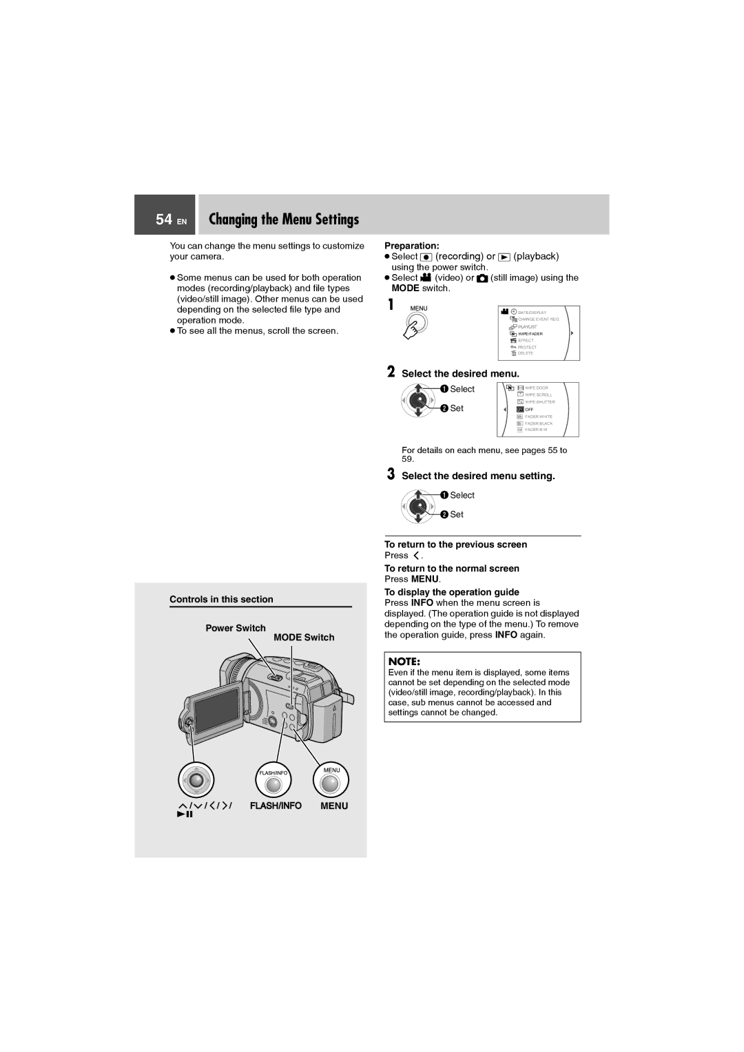 JVC GZ-MG505AA, GZ-MG505AH, GZ-MG505AG, GZ-MG505AS manual Select the desired menu setting, To return to the previous screen 