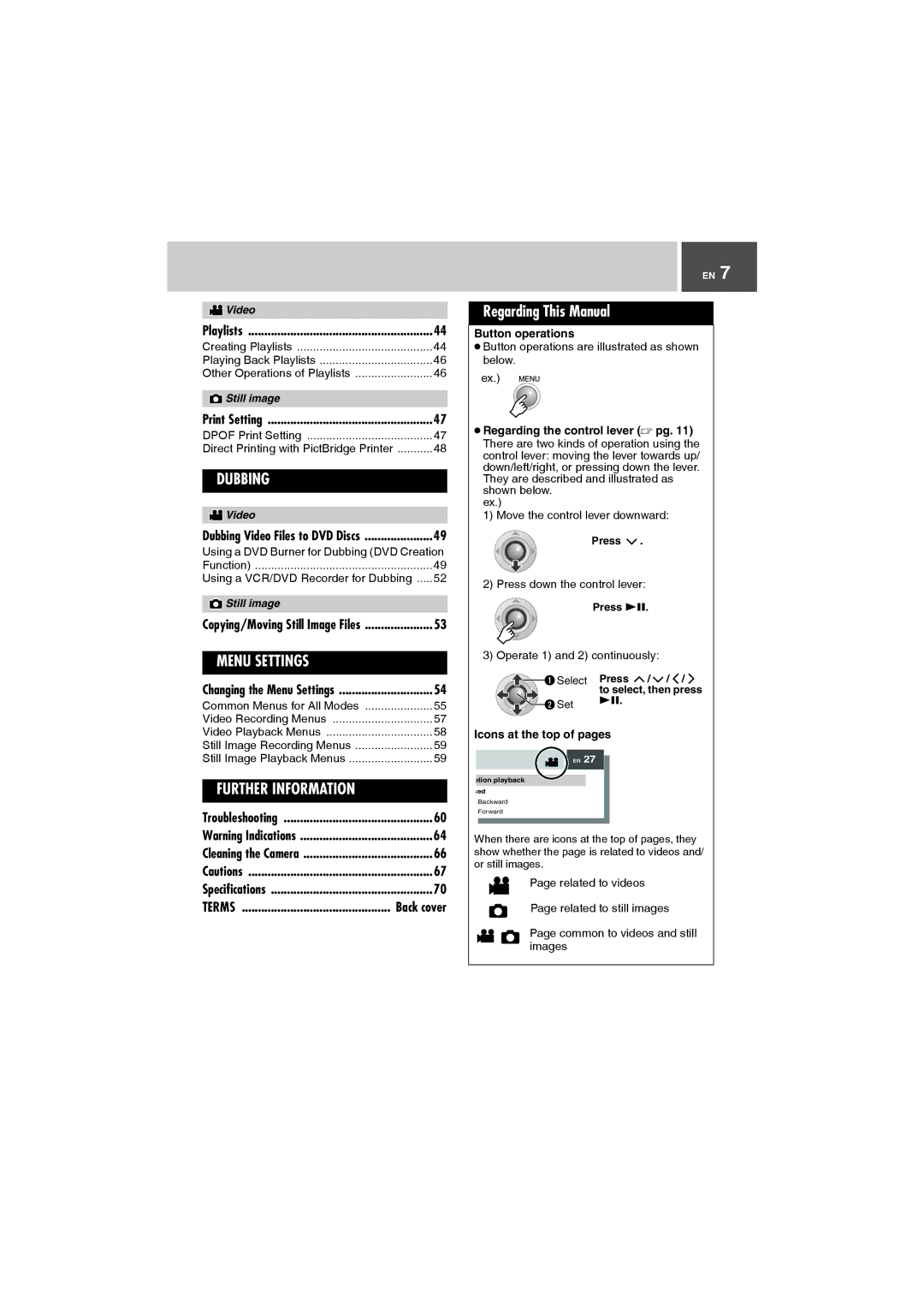 JVC GZ-MG505AS manual Regarding This Manual, Button operations, Regarding the control lever  pg, Icons at the top of pages 