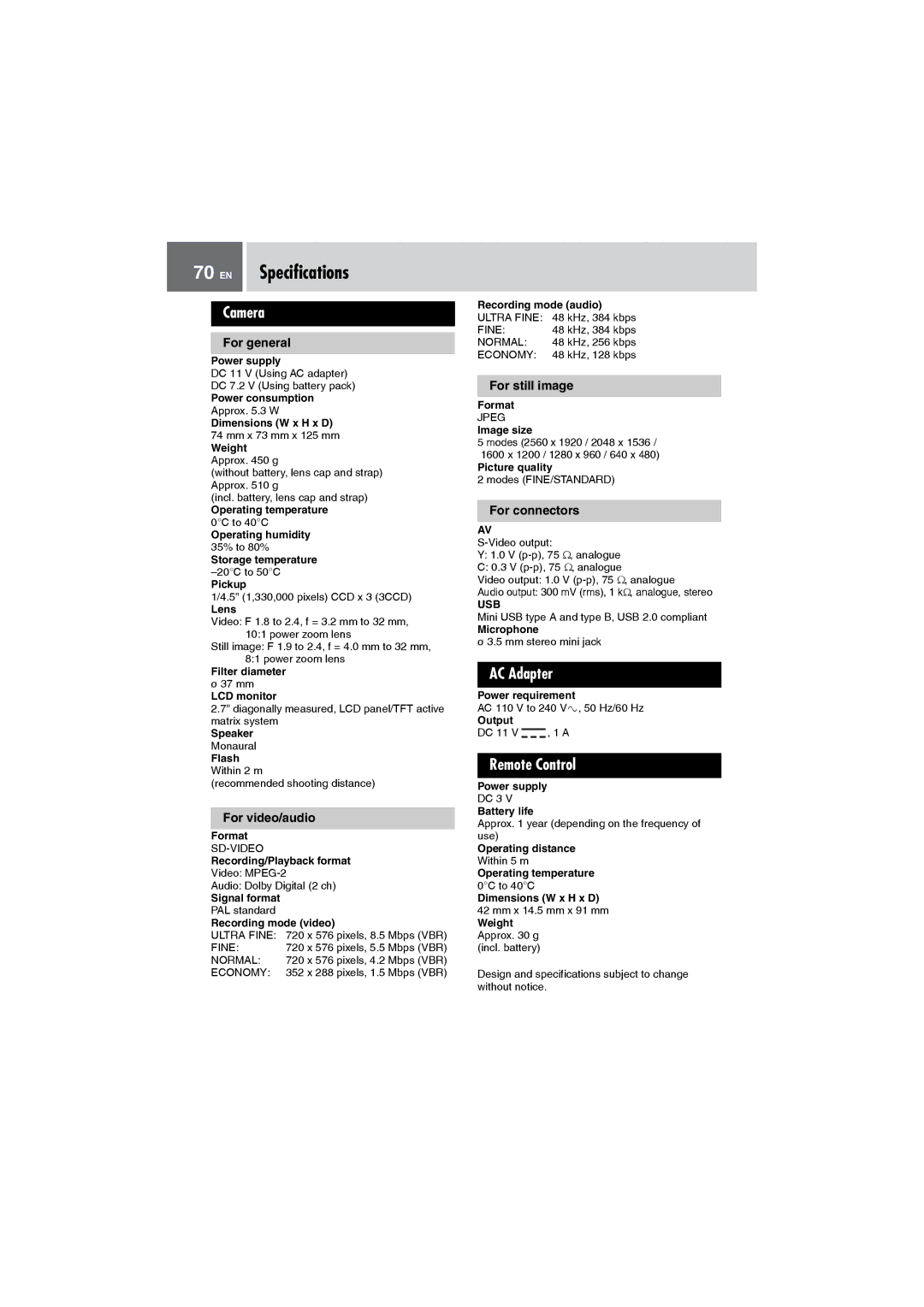 JVC GZ-MG505AA, GZ-MG505AH, GZ-MG505AG, GZ-MG505AS manual EN Specifications, Camera, AC Adapter, Remote Control 