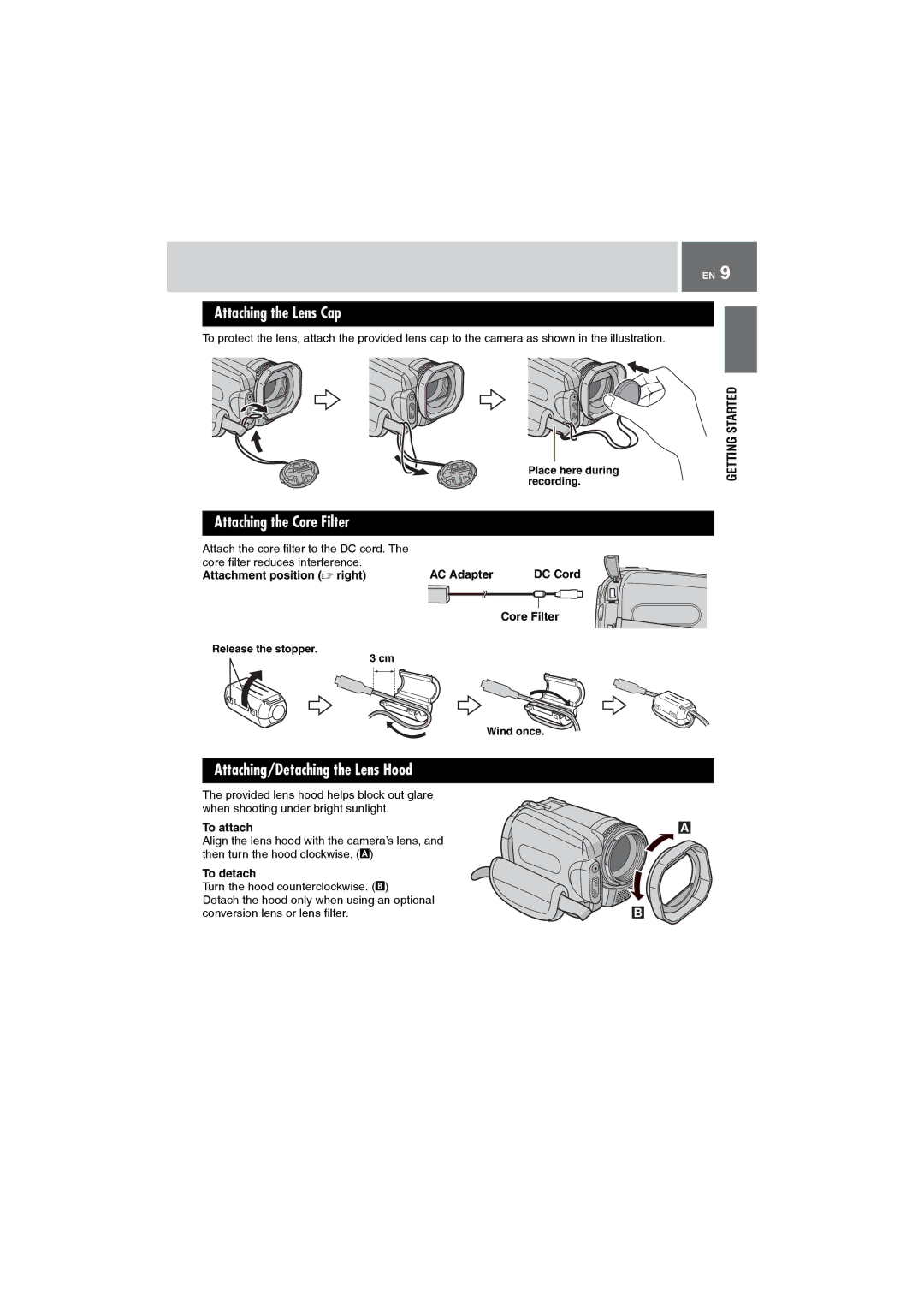 JVC GZ-MG505AG, GZ-MG505AH, GZ-MG505AA Attaching the Lens Cap, Attaching the Core Filter, Attaching/Detaching the Lens Hood 