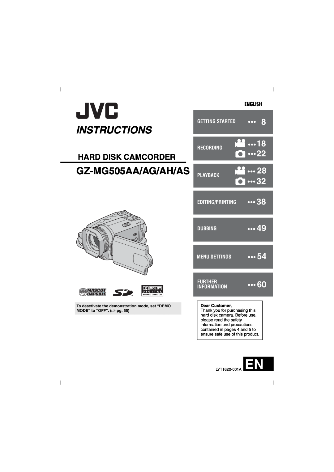 JVC GZ-MG505AG manual English, Dear Customer, Instructions, GZ-MG505AA/AG/AH/AS, Hard Disk Camcorder, Getting Started 