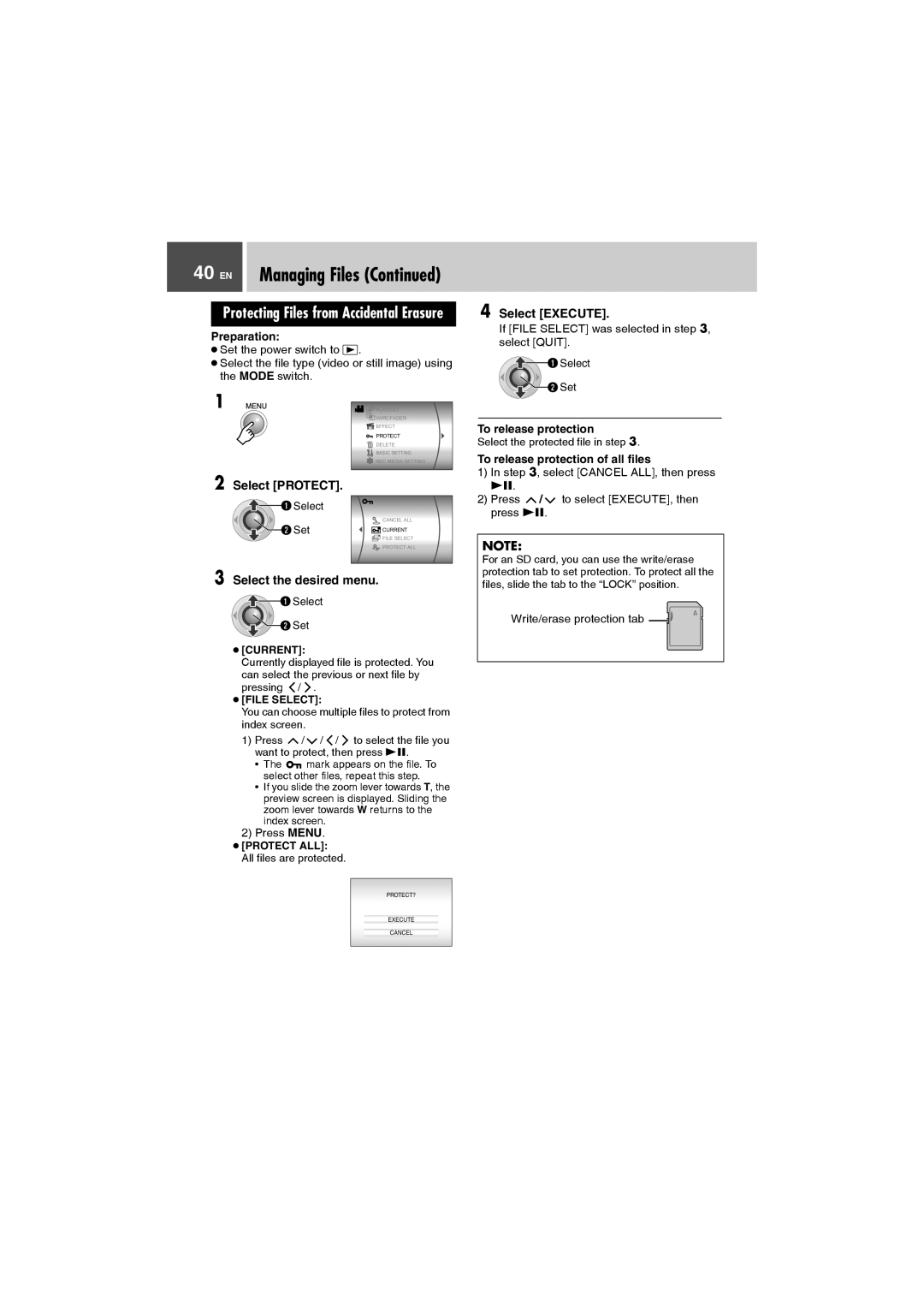 JVC GZ-MG505AH manual EN Managing Files Continued, Select PROTECT, Protecting Files from Accidental Erasure, Select EXECUTE 