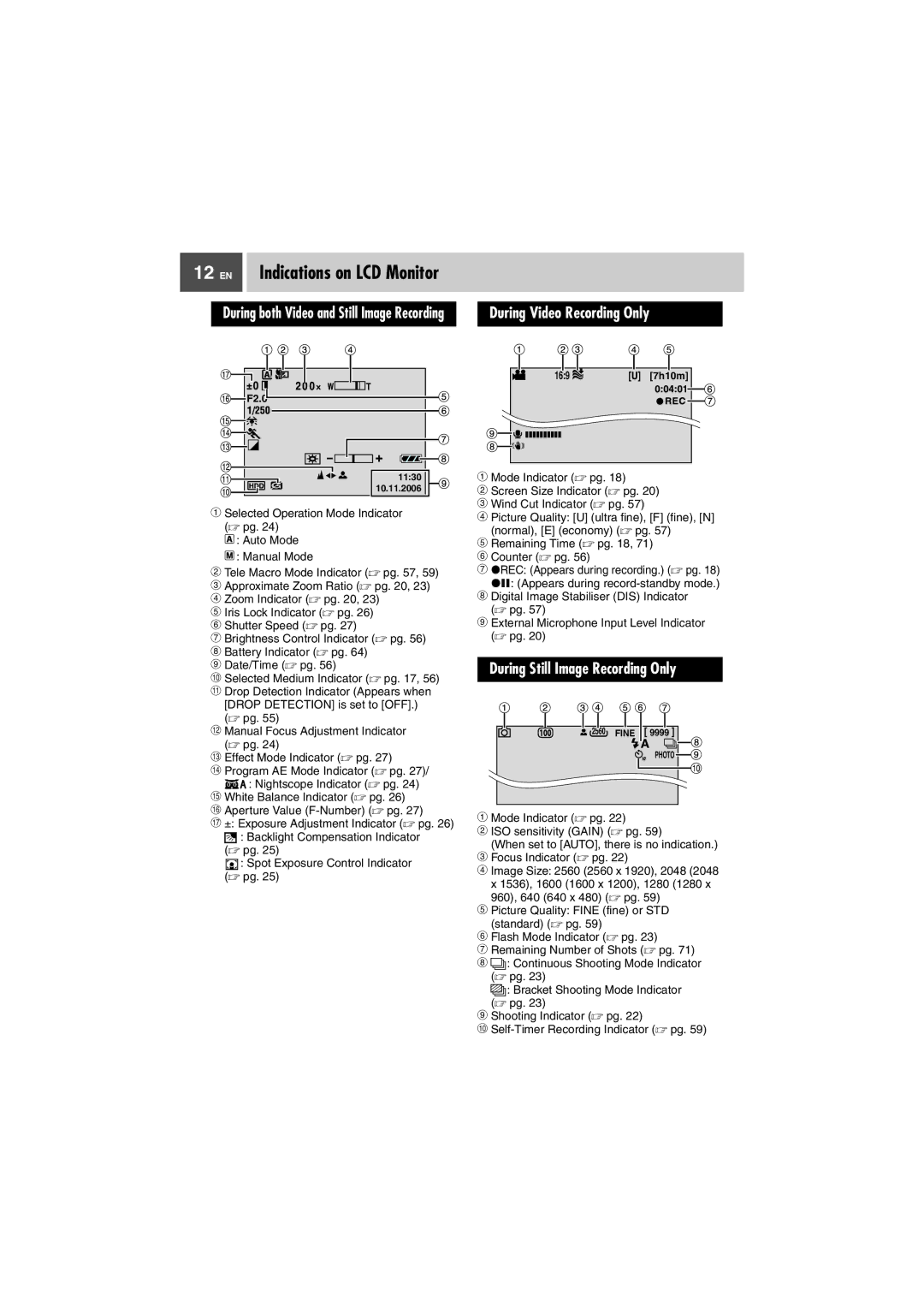 JVC GZ-MG505EK manual EN Indications on LCD Monitor, During Still Image Recording Only, 169 