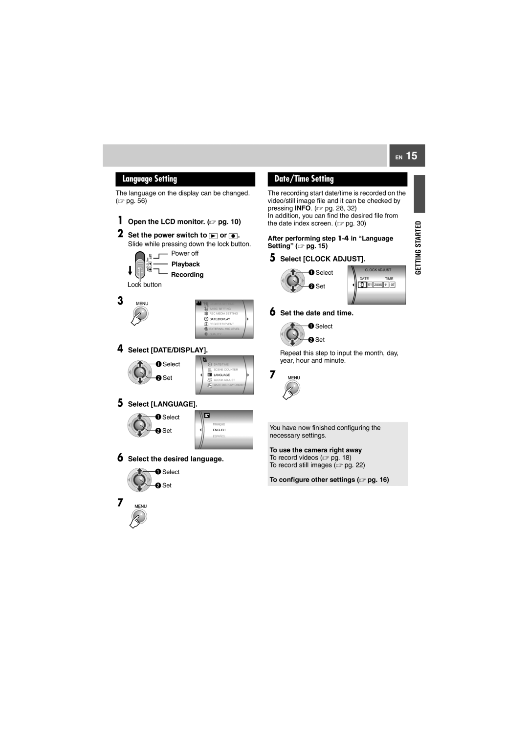 JVC GZ-MG505EK manual Language Setting, Date/Time Setting, Select the desired language, Select Clock Adjust 