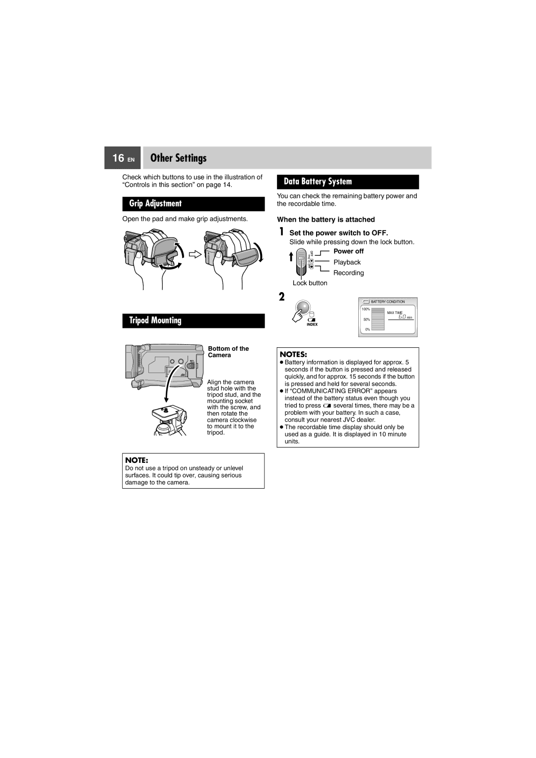 JVC GZ-MG505EK manual EN Other Settings, Grip Adjustment, Tripod Mounting, Data Battery System 