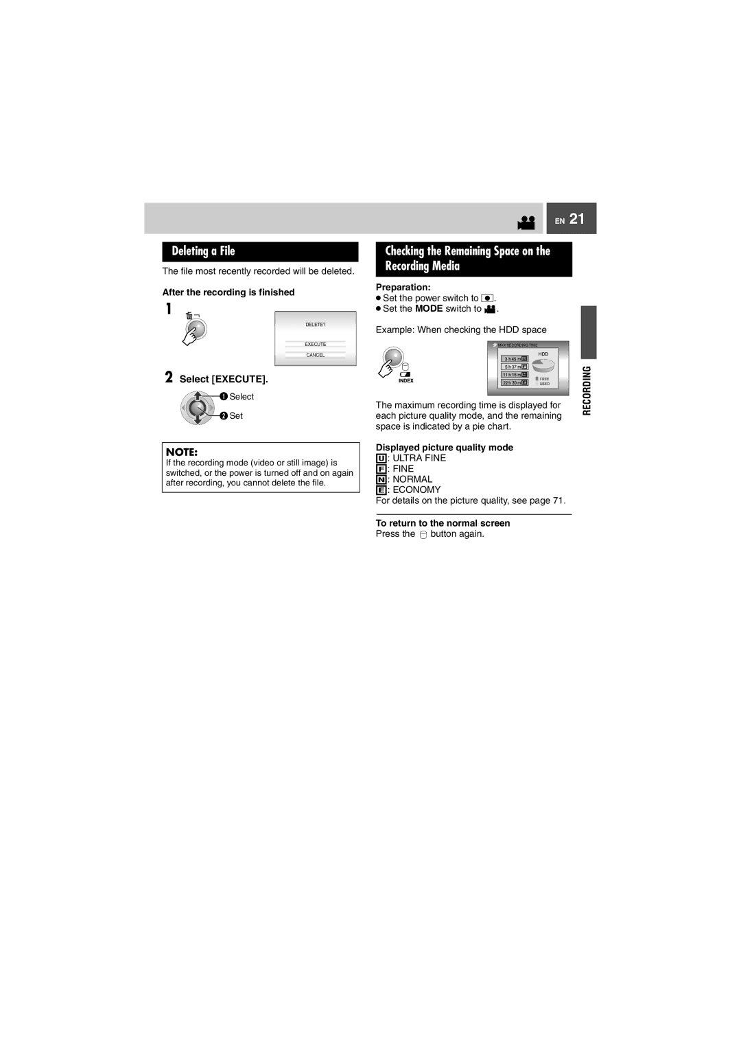 JVC GZ-MG505EK manual Deleting a File, Select Execute, After the recording is finished, Displayed picture quality mode 