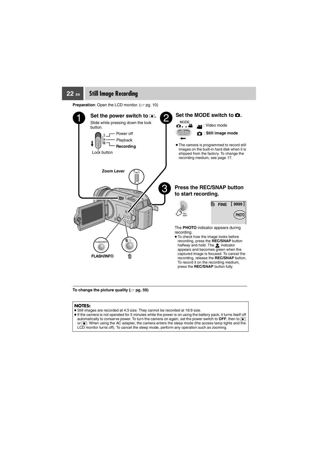 JVC GZ-MG505EK manual EN Still Image Recording, Still image mode, Fine 9999, Photo, To change the picture quality  pg 