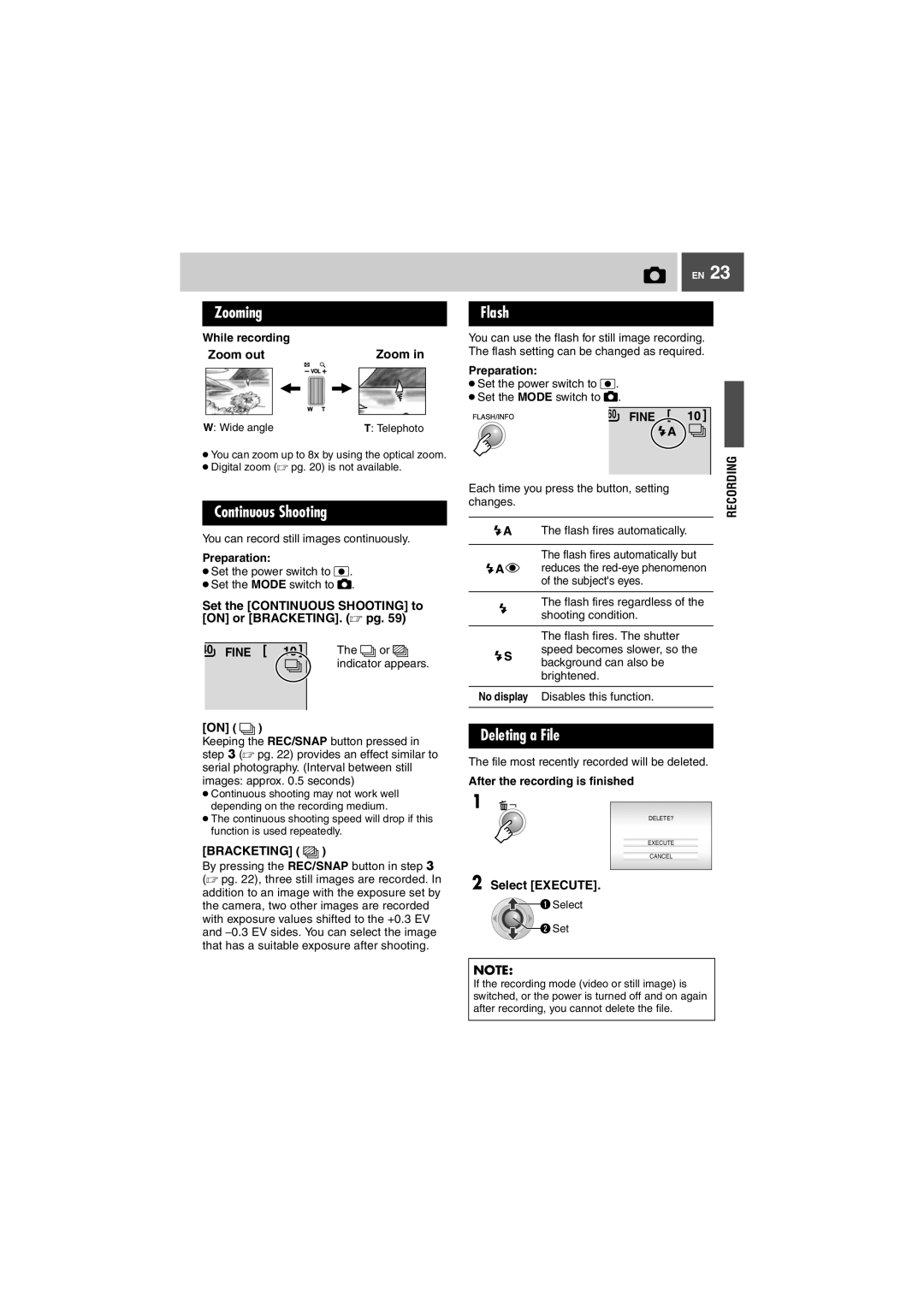 JVC GZ-MG505EK manual Flash, Set the Continuous Shooting to on or BRACKETING.  pg, Fine 